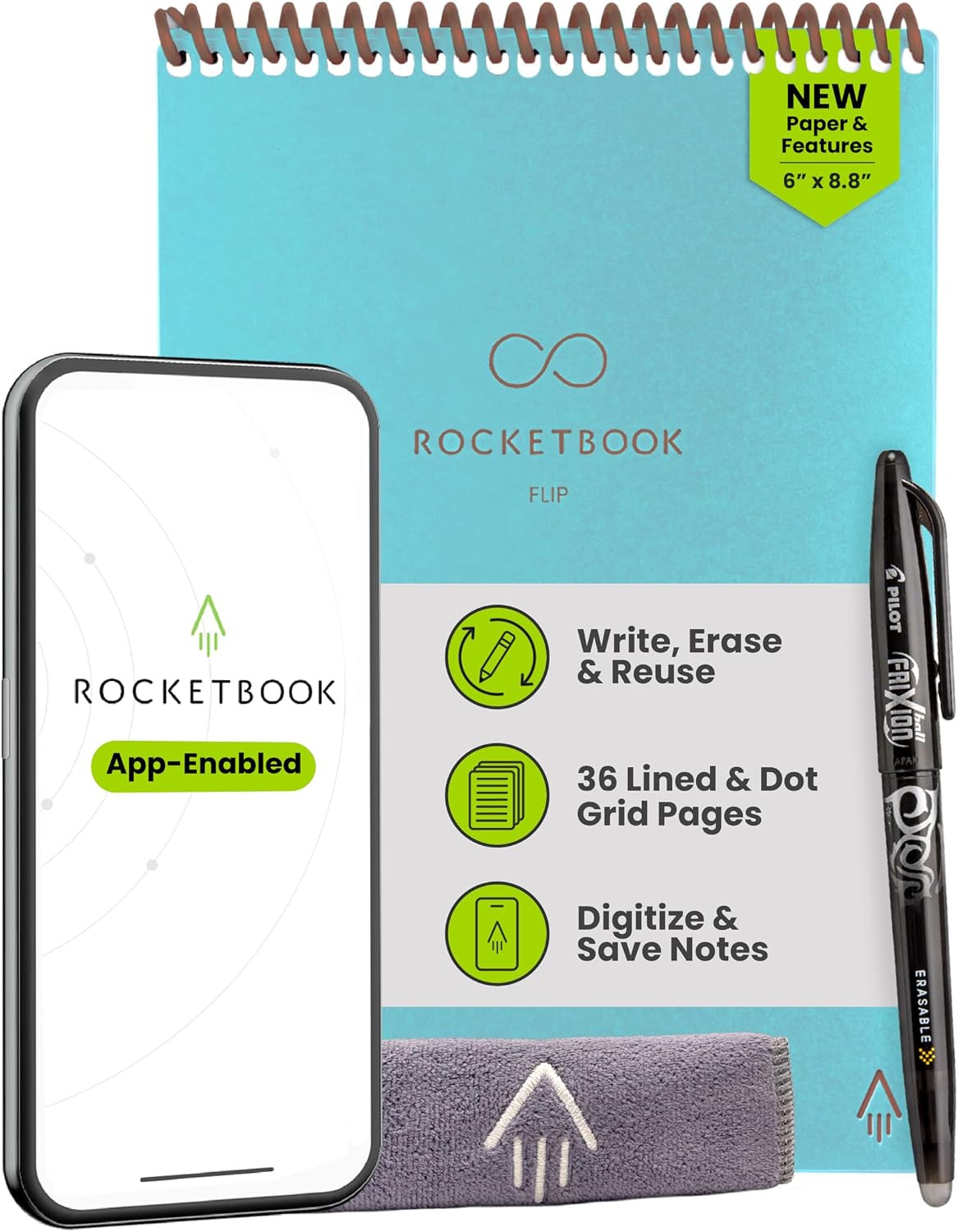 Rocketbook Flip Reusable Smart Notepad, Executive Size 6×8.8, Teal | Top Bound Spiral Notebook, Lined and Dotted Pages, Includes Pen and Towel