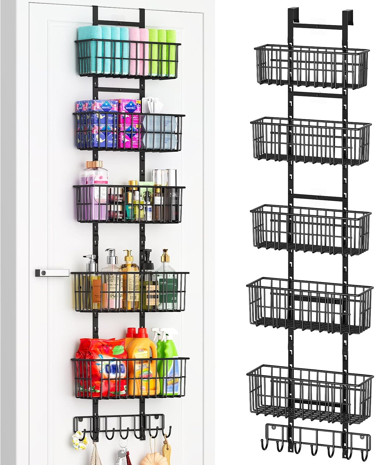 Hongtamoya Adjustable Over the Door Organizer, Metal Hanging Door Organizer with 5 Wire Basket 7 Hooks, Wall Mounted Shelf for Pantry Laundry Organization and Storage, Black