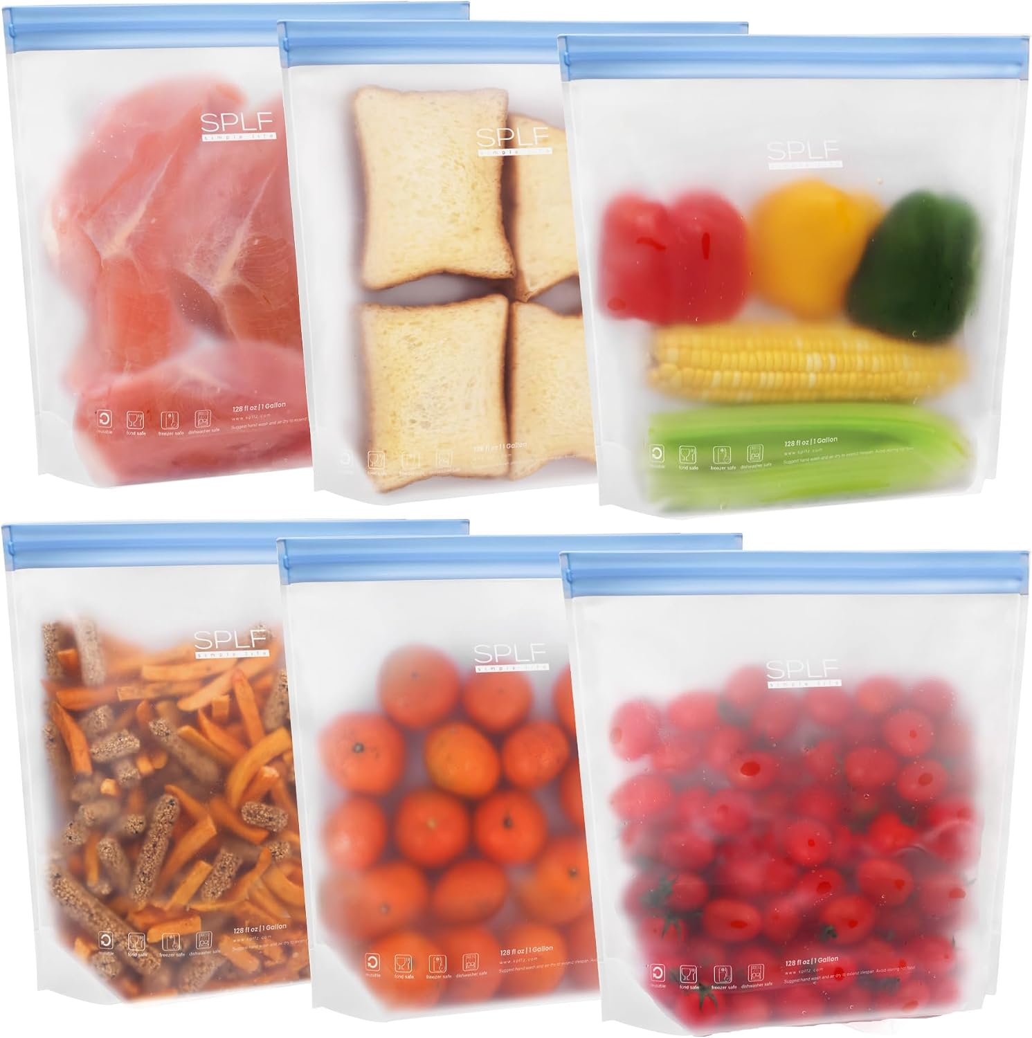 SPLF 6 Pack Stand-Up Reusable Gallon Freezer Bags Dishwasher Safe | Extra Thick 1 Gallon Leakproof Food Storage Bags, BPA and Silicone Free Freezer Bags for Meal Prep, Bread, Veggies, Travel