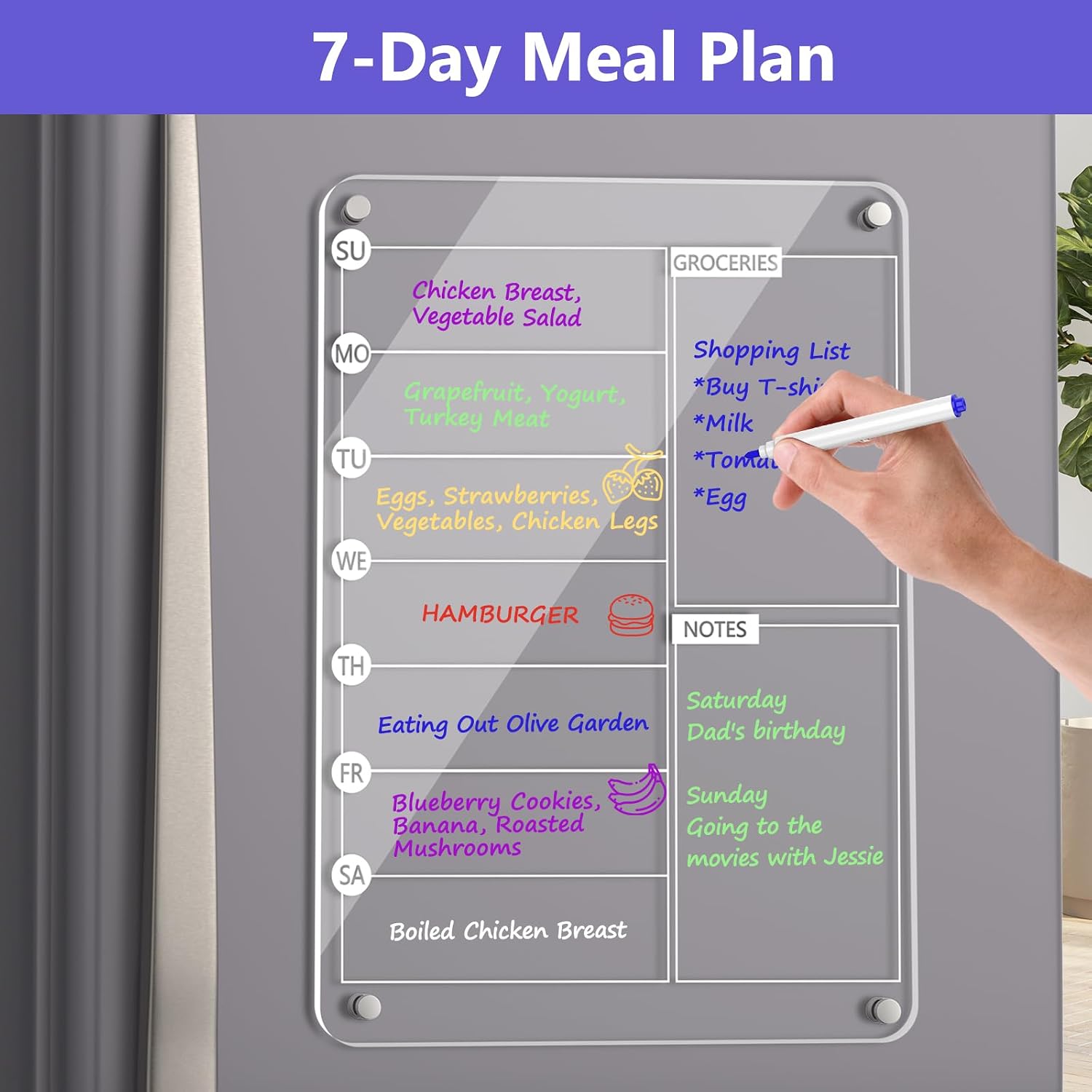 Acrylic Meal Planner Magnetic Menu Board for Kitchen Fridge, 13″x9″ Clear Weekly Calendar Planning Board Noteboard Refrigerator Dry Erase Board to Do/Grocery/Shopping Lis Includes 6 Markers