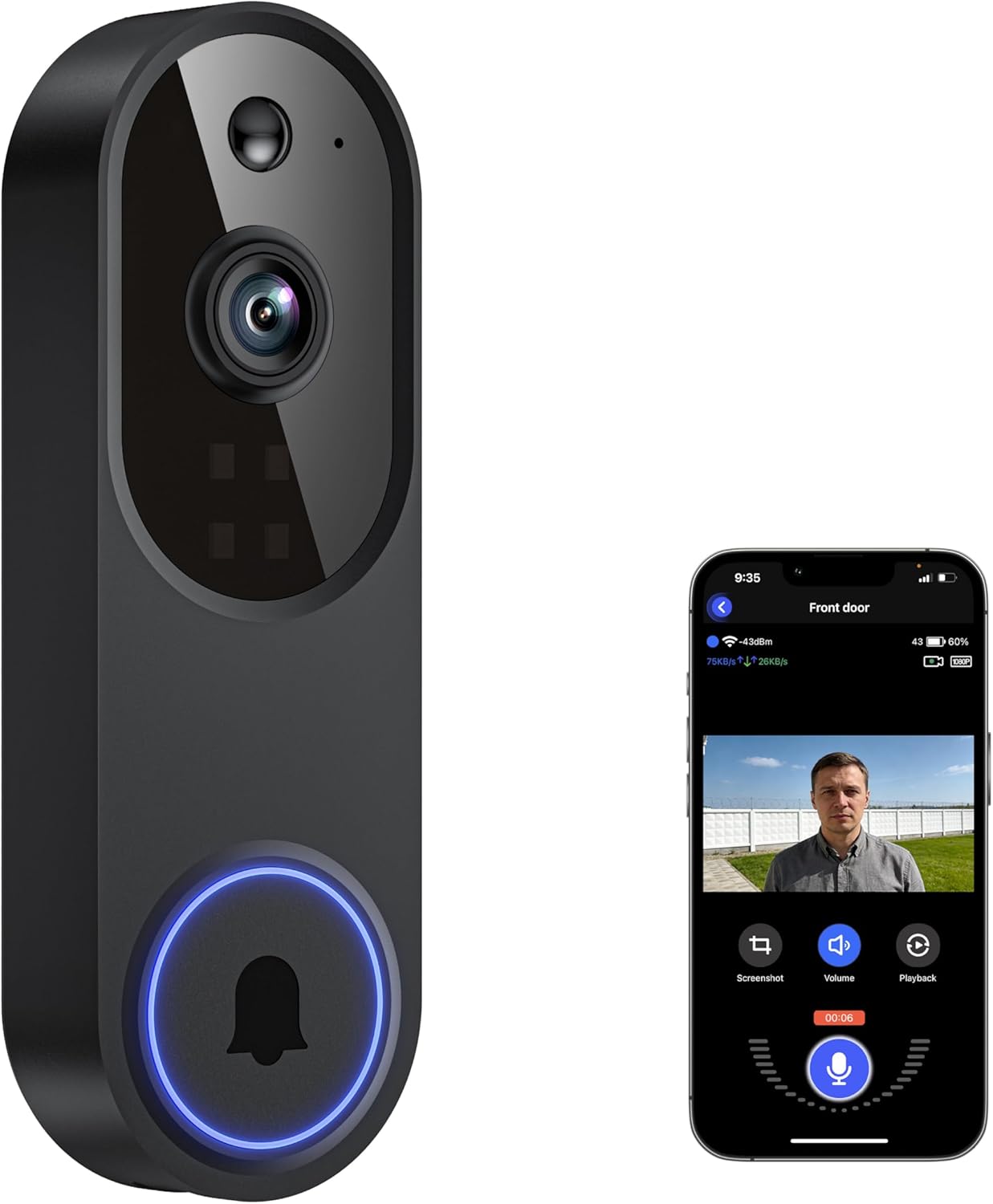 Guggre Wireless Doorbell Camera M52, 1080 Security Camera Outdoor/Indoor | night vision, 4 infrared lights, 120° wide view, motion detection notification, works with smartphone, online support