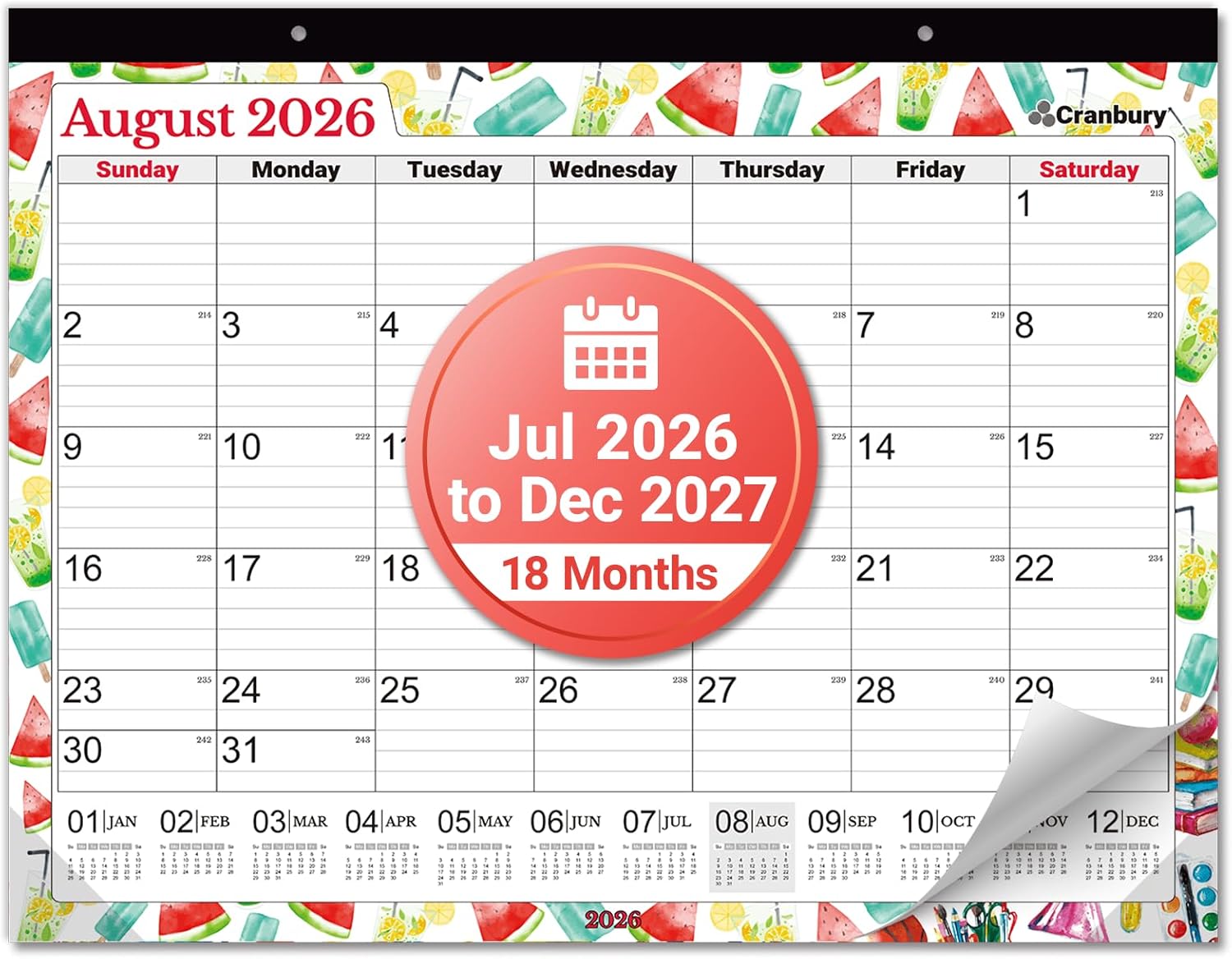 CRANBURY Desk Calendar 2026-2027 22×17, Jul. 2026 to Dec. 2027, Thick Paper, Sturdy Backboard, 18 Months Calendar for School Office Desktop Organizing, Large Wall Monthly Planner with Stickers