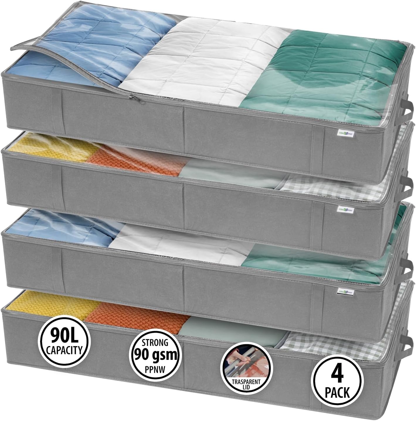 StorageExpert Under Bed Storage Containers, Closet Organizer, Grey, 4 Pack | Under Bed Storage, Foldable Fabric, Large Capacity, Dustproof, Clothes Storage, Blanket Storage, Toy Organizer, Space Saving