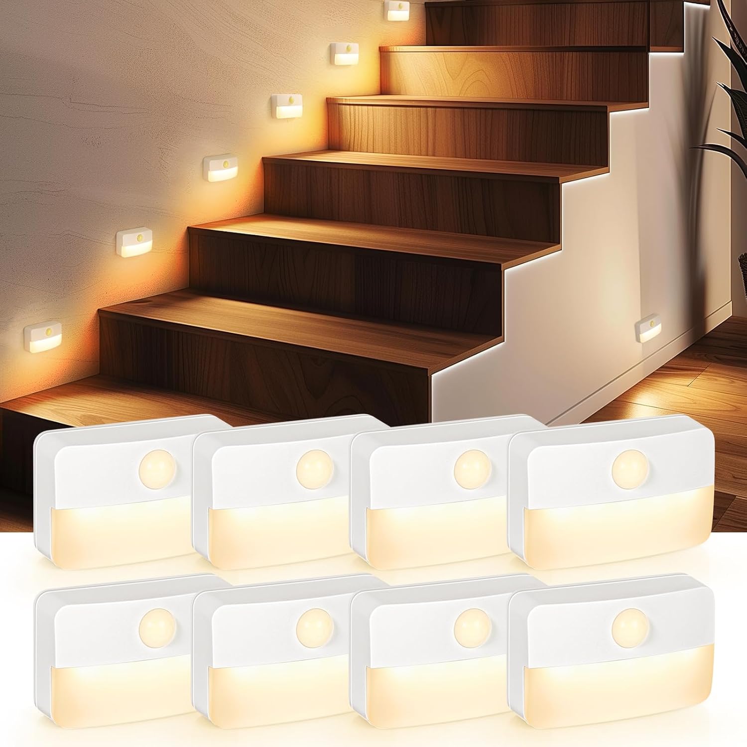 8 Pack Motion Sensor Stair Light Indoor, Battery Operated Night Lights | Automatic, Wireless, Stick on Anywhere Portable LED Lamp for Step Toilet Hallway Bedroom Under Cabinet Closet Wall Kitchen ﻿