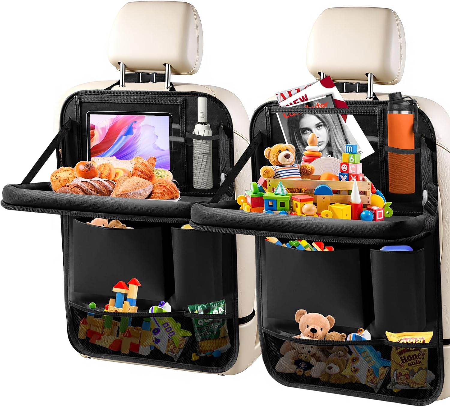 2Pack Car Backseat Organizer with Foldable Table Tray,6 Storage Pockets Car Storage Organizer with Tablet Holder,Car Seat Back Protectors Kick Mats Travel Accessories (Black)