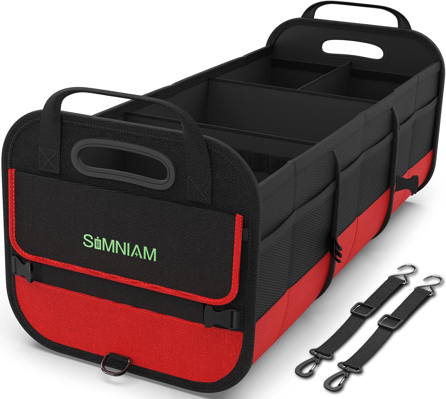 Simniam Large Trunk Organizer for Car, Foldable Multi Compartment Car Trunk Organizer with 2 Retractable Straps, Suitable for All Kinds of Cars, SUV, Minivan – 4 Compartments Red