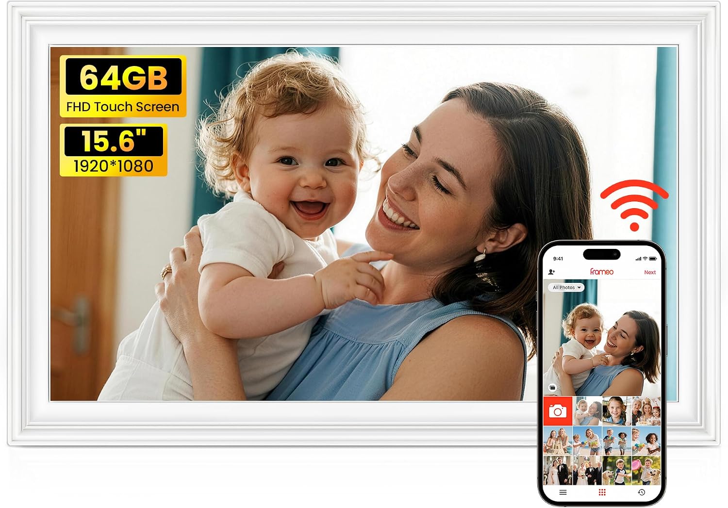 64GB Frameo 15.6″ Digital Picture Frame Large 1920 x 1080 IPS FHD Touch Screen WiFi Electronic Photo Frames Share Moments Instantly Anywhere Best Gifts for Parents and Grandparents White