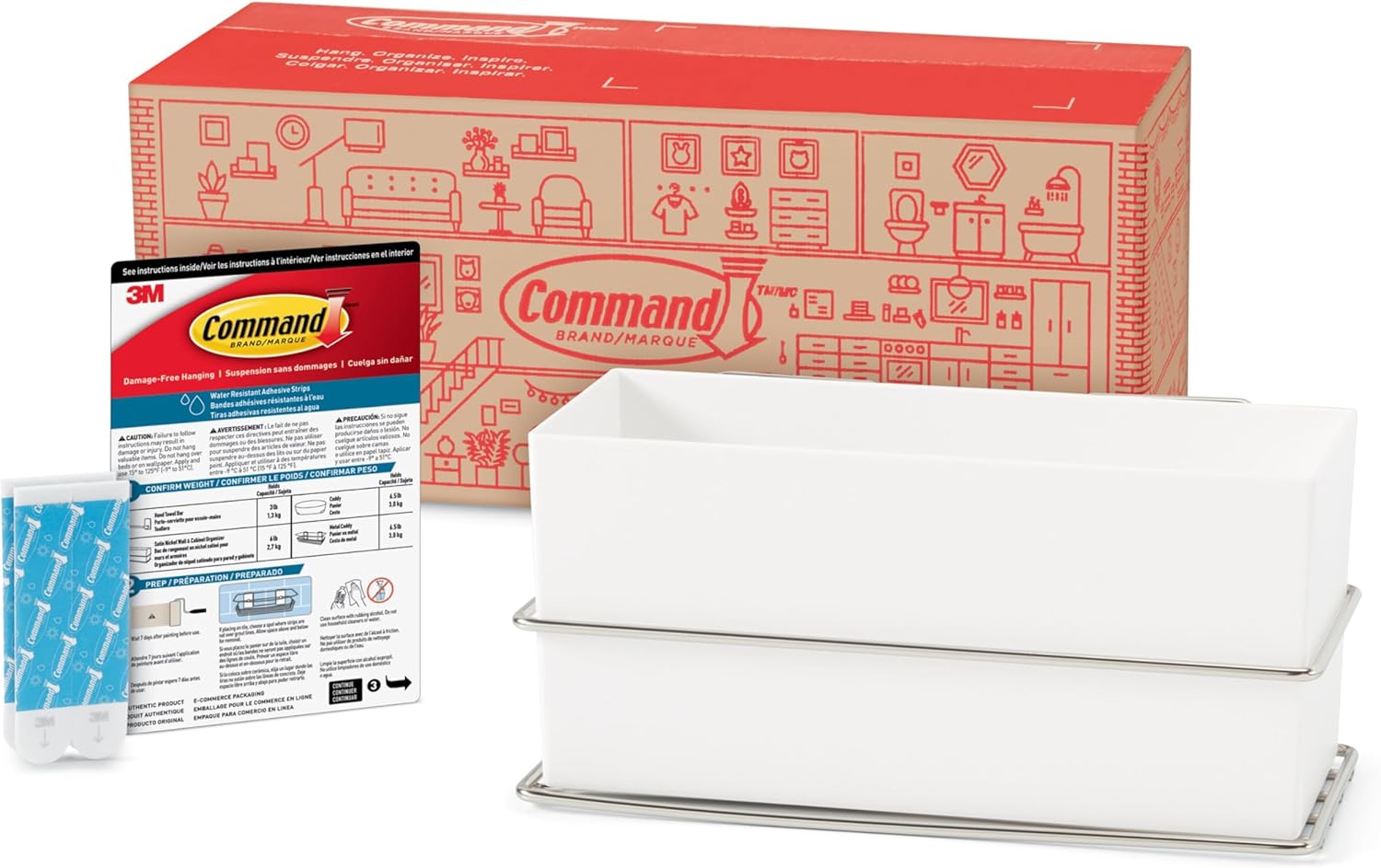 Command Wall and Cabinet Organizer, 1 Organizer, 4 Water-Resistant Strips | For Bathroom Organization, Water Resistant, Damage-Free Hanging with Adhesive Strip, No Tools