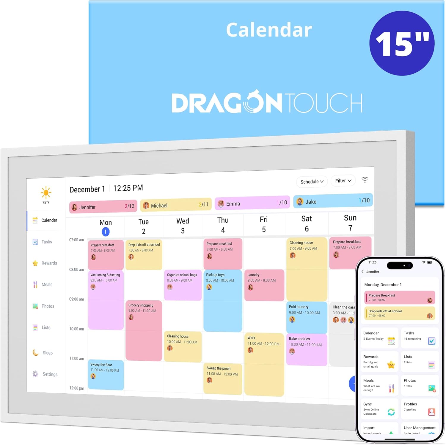 Dragon Touch 15.6″ digital calendar chore chart – 1080P full HD interactive touchscreen, smart family planner, Hearth Display wall & desk mountable for seamless scheduling