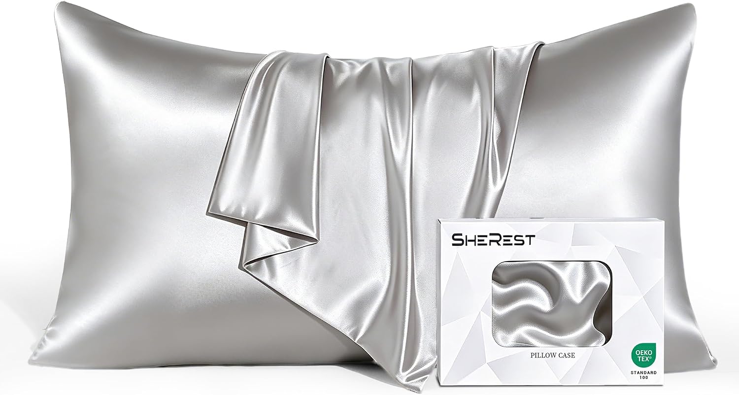 SheRest Cooling Pillowcases Standard Size – Silky & Breathable, Silk-Like Soft Satin Pillow Cover with Hidden Zipper for Hair and for Sensitive Skin, Birthday Gifts for Women Men (1pc, Gray, 20″x26″)