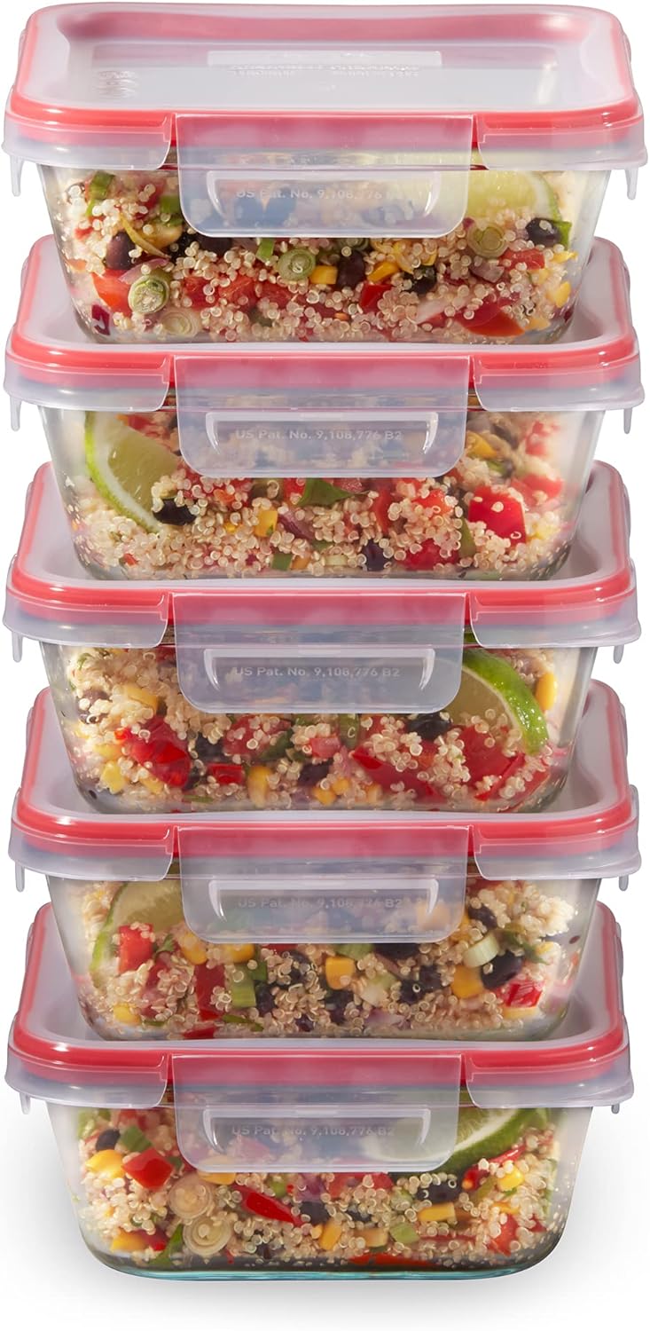 Pyrex Freshlock (5-Pack, 4 Cup) Glass Food Storage Containers Set, Airtight & Leakproof Plastic Locking Lids BPA-Free, Meal Prep Containers Set, Freezer Dishwasher Microwave Safe | Meal prep containers with BPA-free plastic airtight locking lids, freezer, dishwasher, & microwave safe