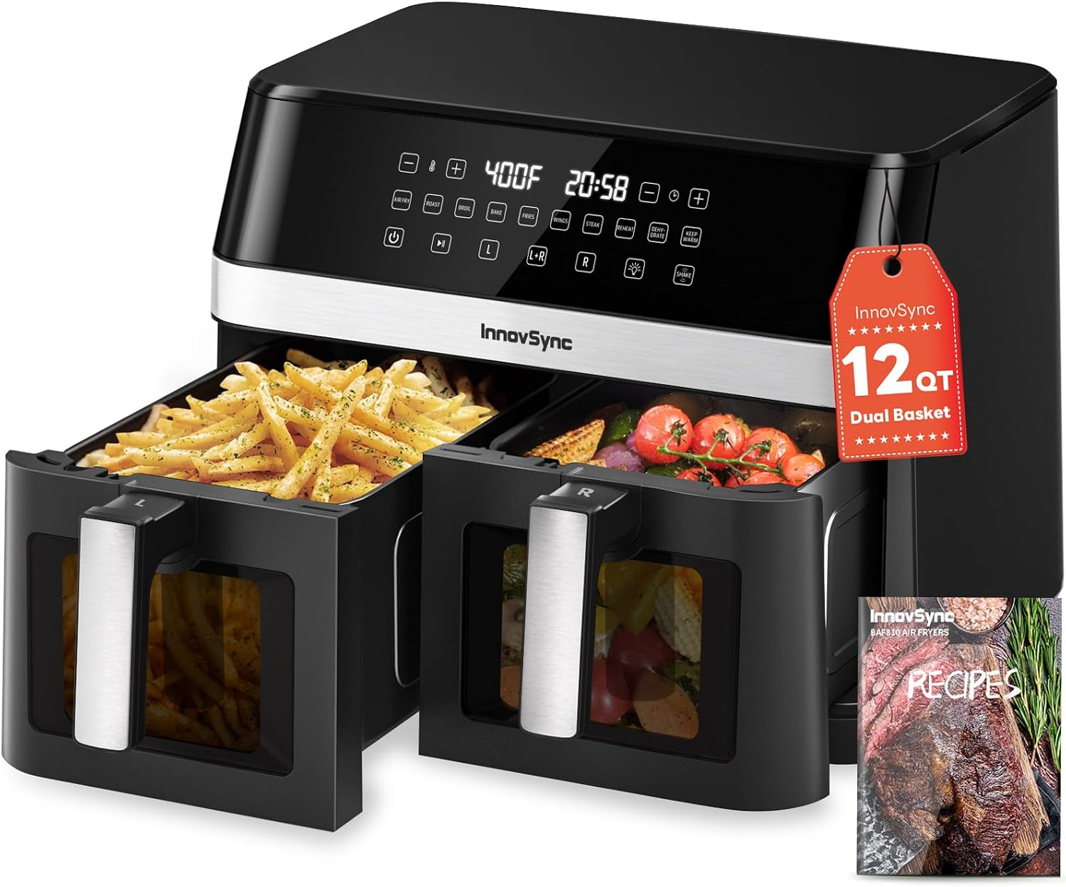 12QT Large Dual Air Fryer, 2 Dishes at Once, Black
