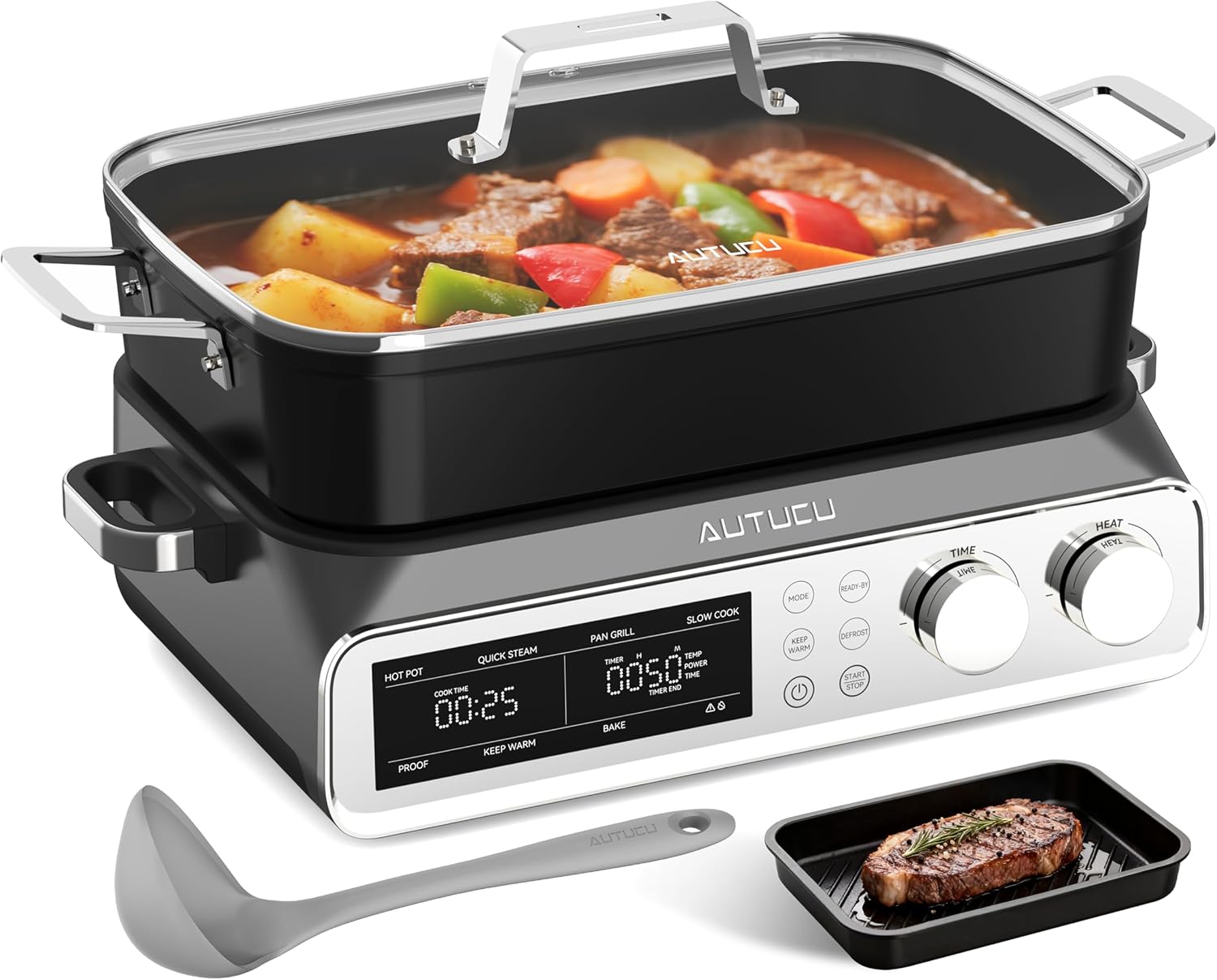 N21NA Pro Slow Cooker 10 Quart, 8-in-1 Programmable PFOA-Free Ceramic Coated Multi-Cooker with Grill Pan, Steaming Plate (Includes Silicone Spoon & Tongs)