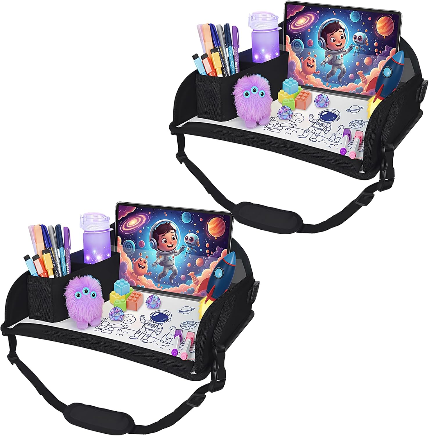 Upgraded Kids Travel Tray for Airplane – Toddler Car Seat Table Tray, Road Trip Essentials for Boys & Girls, Carseat Lap Desk for Kids Road Trip Activities, Black – 2 PCS
