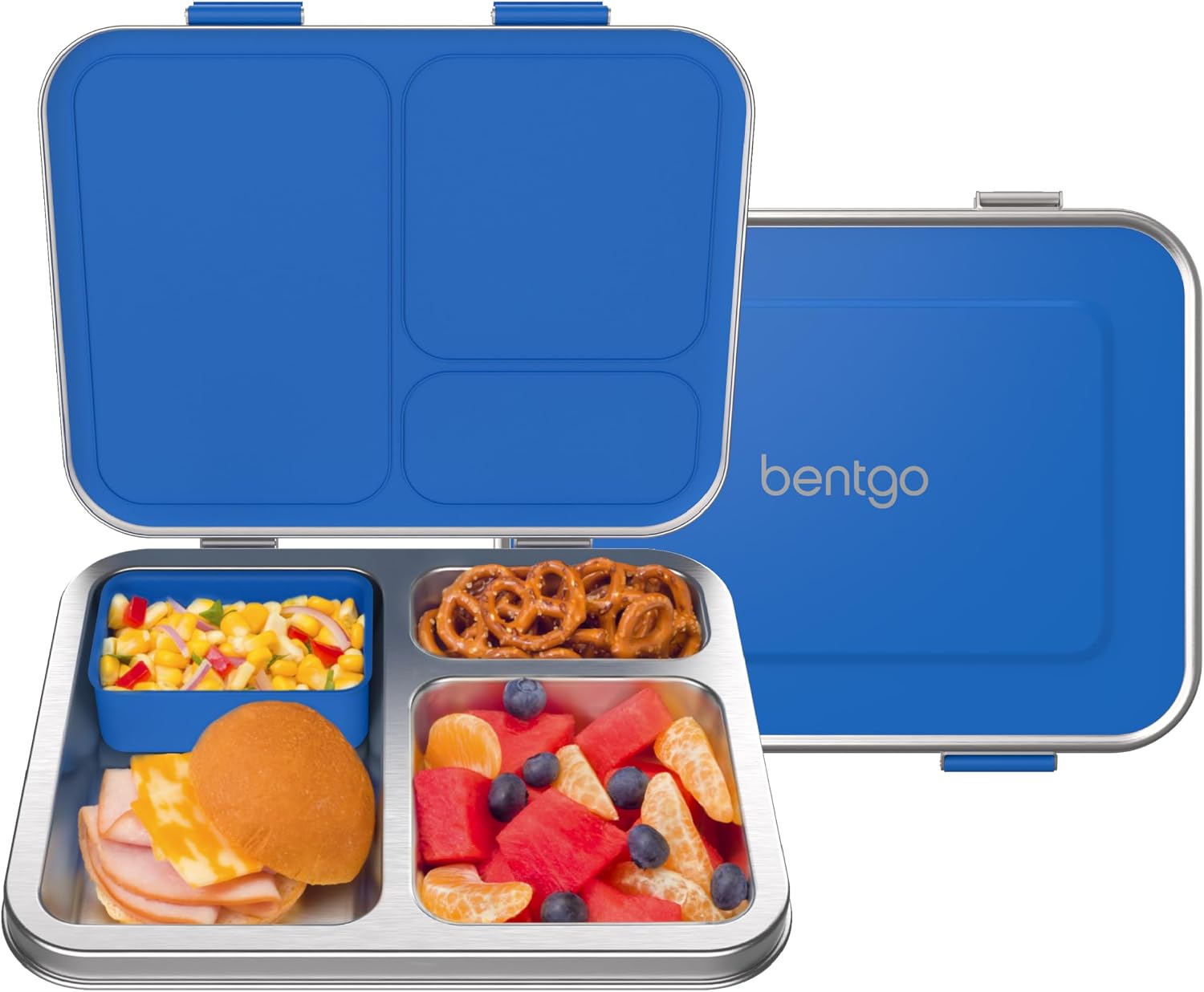 Bentgo Kids Stainless Steel Leak-Resistant Lunch Box – 3-Compartments with Bonus Silicone Container, Durable, Eco-Friendly, Dishwasher Safe, BPA-Free, Ideal for School, Ages 3+ (Blue)