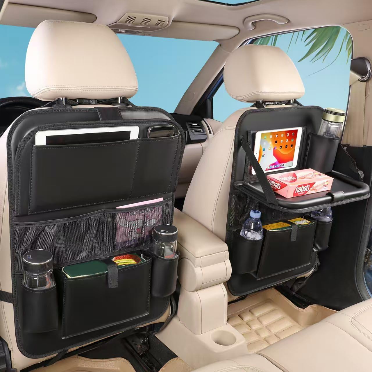 2PACK Leather Car Backseat Organizer with Tablet Holder – 9 Large Storage Pockets, Foldable Food Tray & Anti-Scratch Kick Mats – Universal Car Seat Protector for Kids, Pets & Travel Accessories