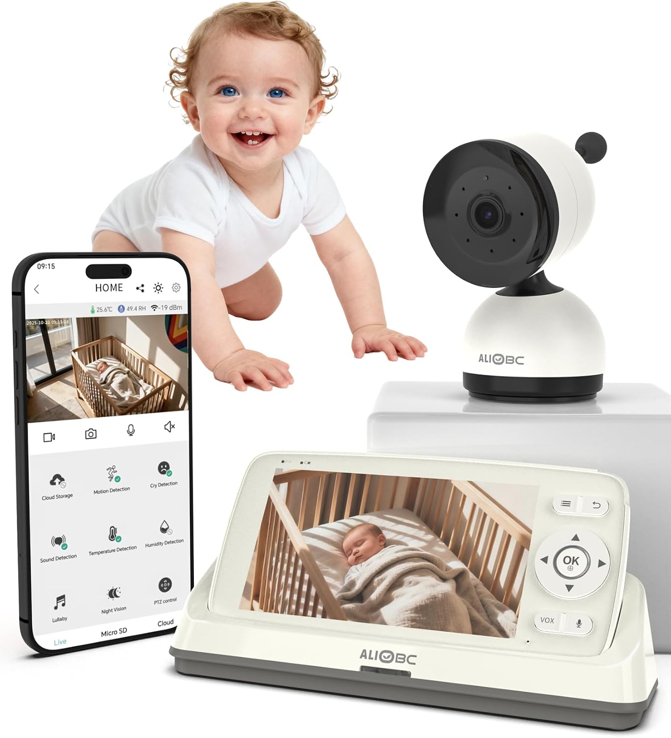 ALIOBC Baby Monitor with Camera and Audio AI Smart Video Baby Camera | WiFi & No-WiFi Modes Cry Detection Night Vision 1080p FHD Camera and 5″ Large Screen Two-Way Talk 1K ft Range for New Parents