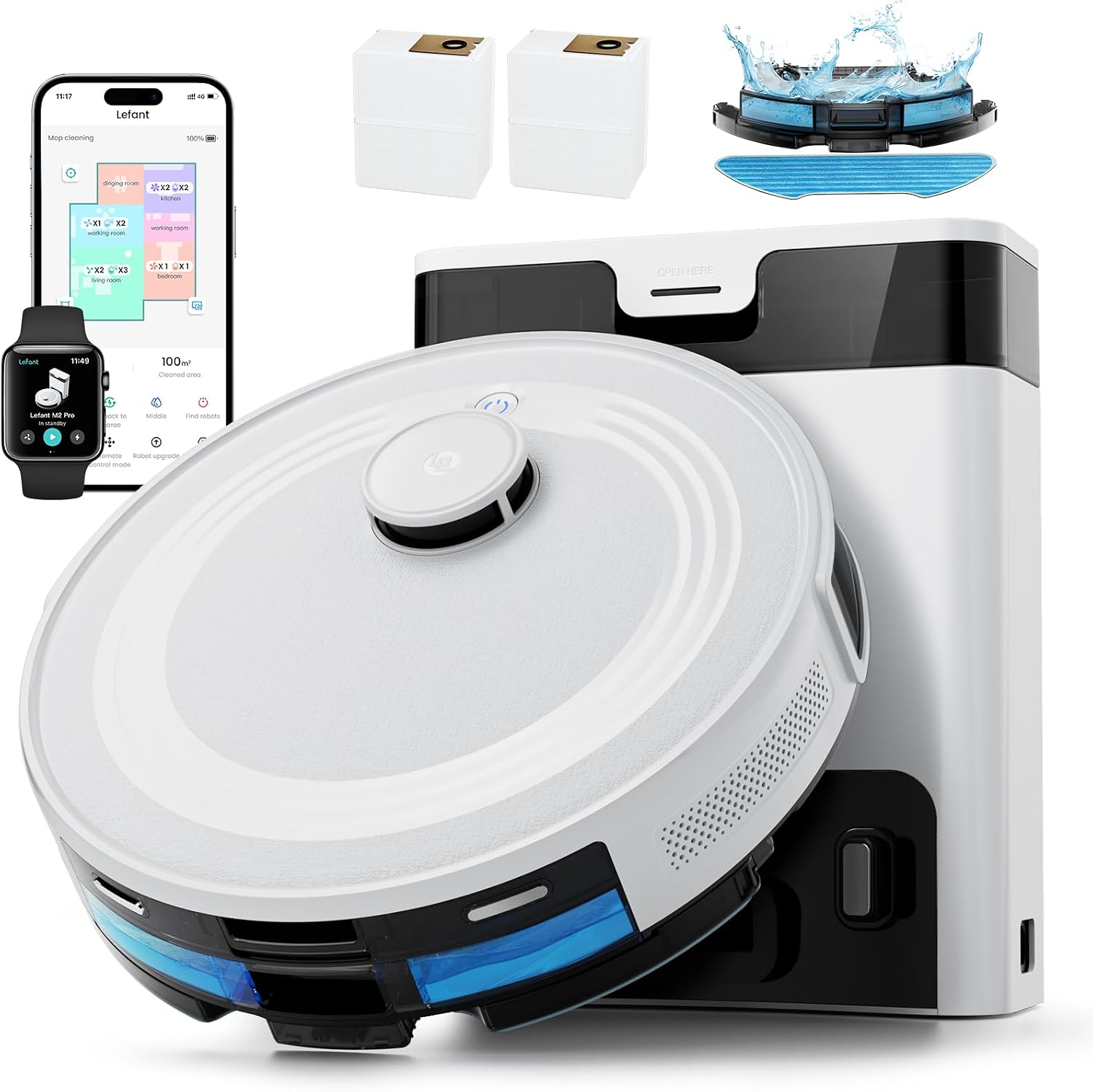 Lefant LiDAR Robot Vacuum and Mop, 90-Day Self-Emptying, 190° PSD Obstacle Avoidance, Customized Cleaning, Multi-Floor Mapping, 6000Pa Strong Suction, 140 Min Runtime, WiFi/Alexa/APP/iWatch, M2 Pro