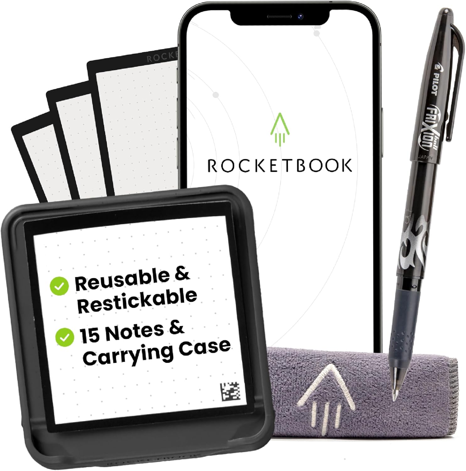 Rocketbook Reusable Smart Sticky Notes, Restickable Memo Pad, 3″x3″ | 15 Black Sticky Notes, Includes Pen, Towel, Carrying Case (Kit of 1)