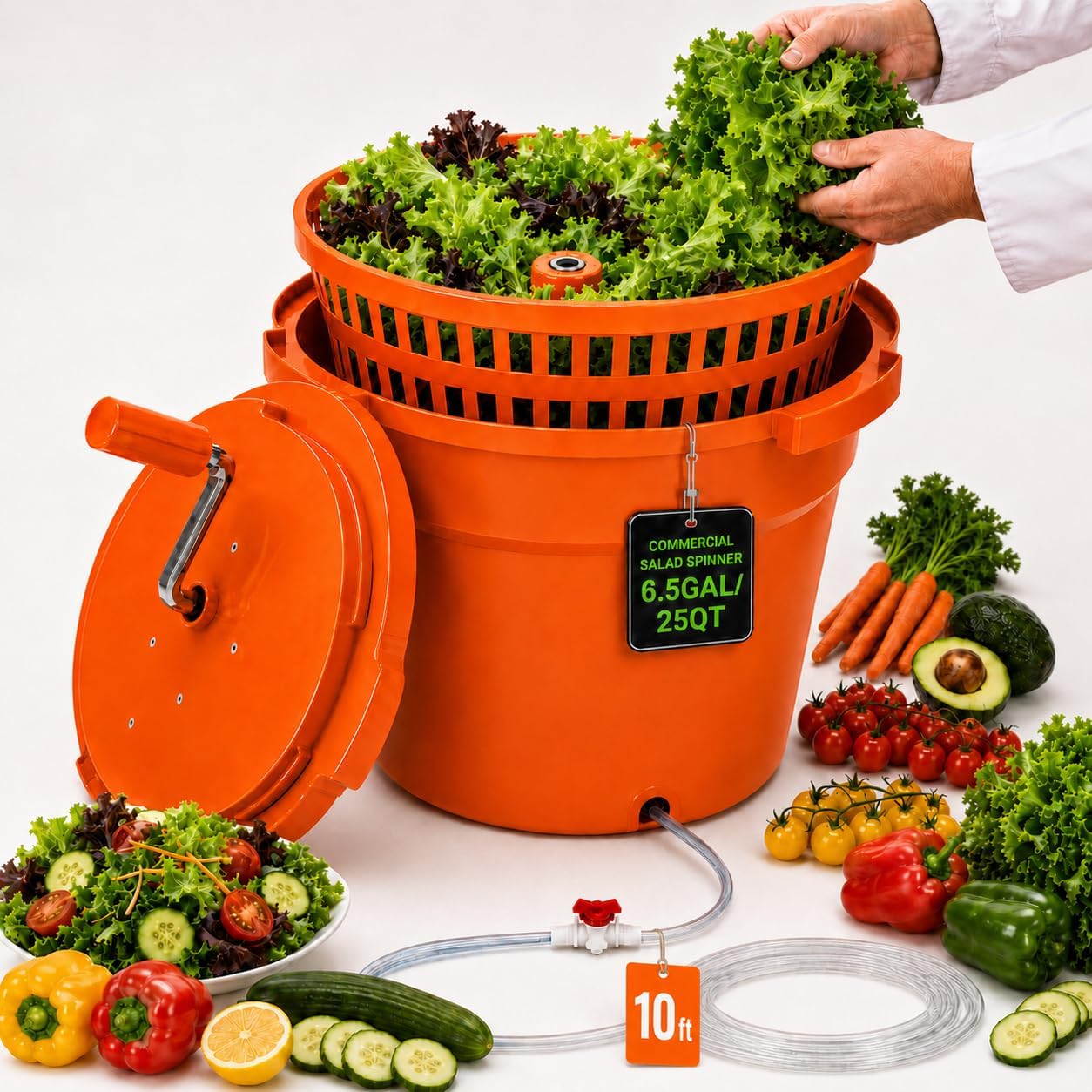 Commercial Salad Spinner – 6.5 Gallon Large Capacity Lettuce Dryer with 10 Ft Drain Hose & Stop Valve, 25Qt Manual Vegetable Spinner for Restaurants, Catering and Meal Prep