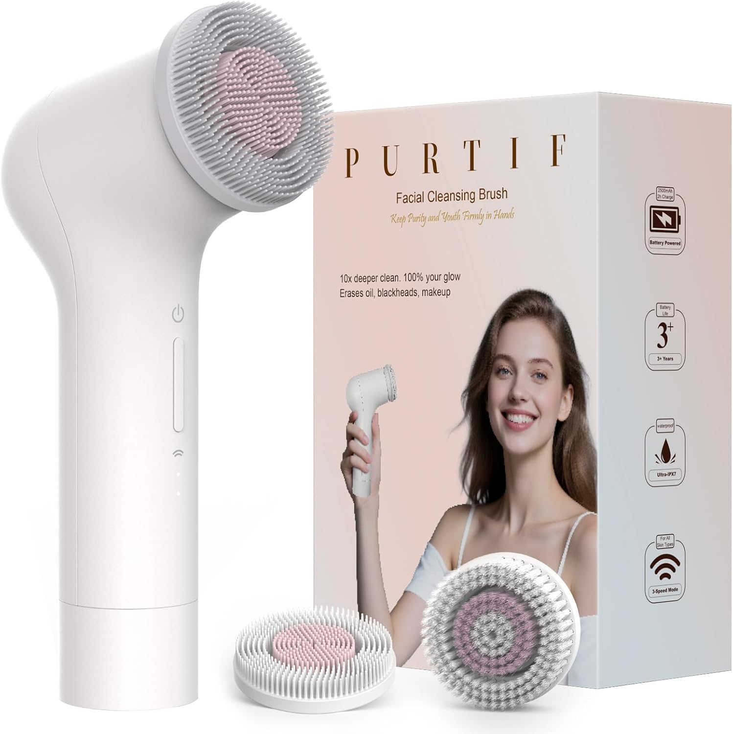 Electric Facial Cleansing Brush – Rechargeable Silicone Face Scrubber exfoliator, Face wash Machine, Pore Cleansing Brush for Women and Men,3Speeds,Waterproof, Exfoliating & Massage, White