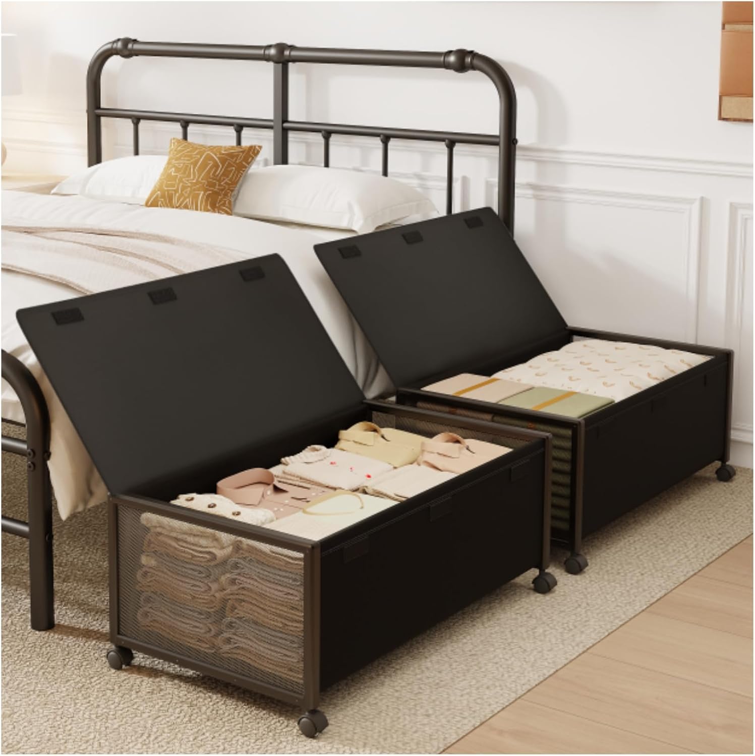 Fokyfok 2Pack Under Bed Storage Containers,12 inch Height,31 inch Long | Under Bed Shoe Storage,Underbed Storage with Wheels,Large Rolling under bed Clothes Storage Drawers,Lid,Dorm Tall,Black
