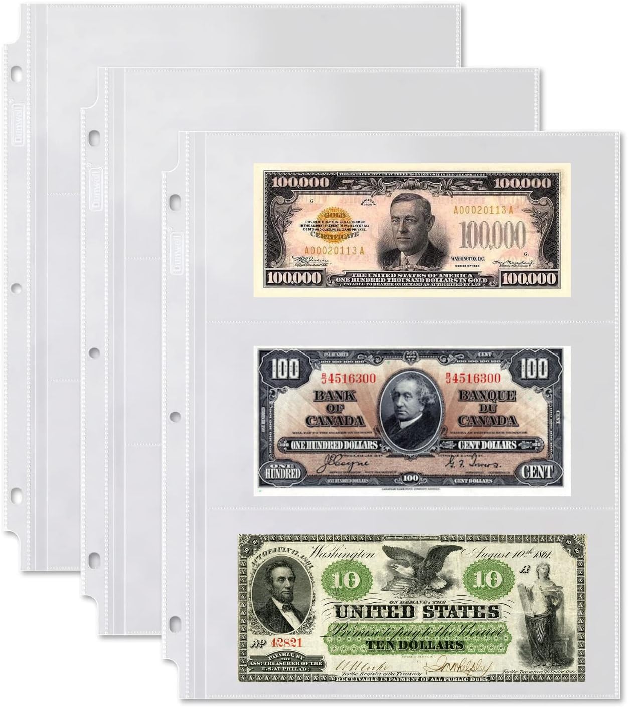 Dunwell Binder Currency Sleeves for Collectors – (50 Pack), Acid-Free 3-Pocket Clear Plastic Refill Pages for Currency Collection Album, 3-Ring Binder Sheet Protectors for Bills, Banknotes or Coupons