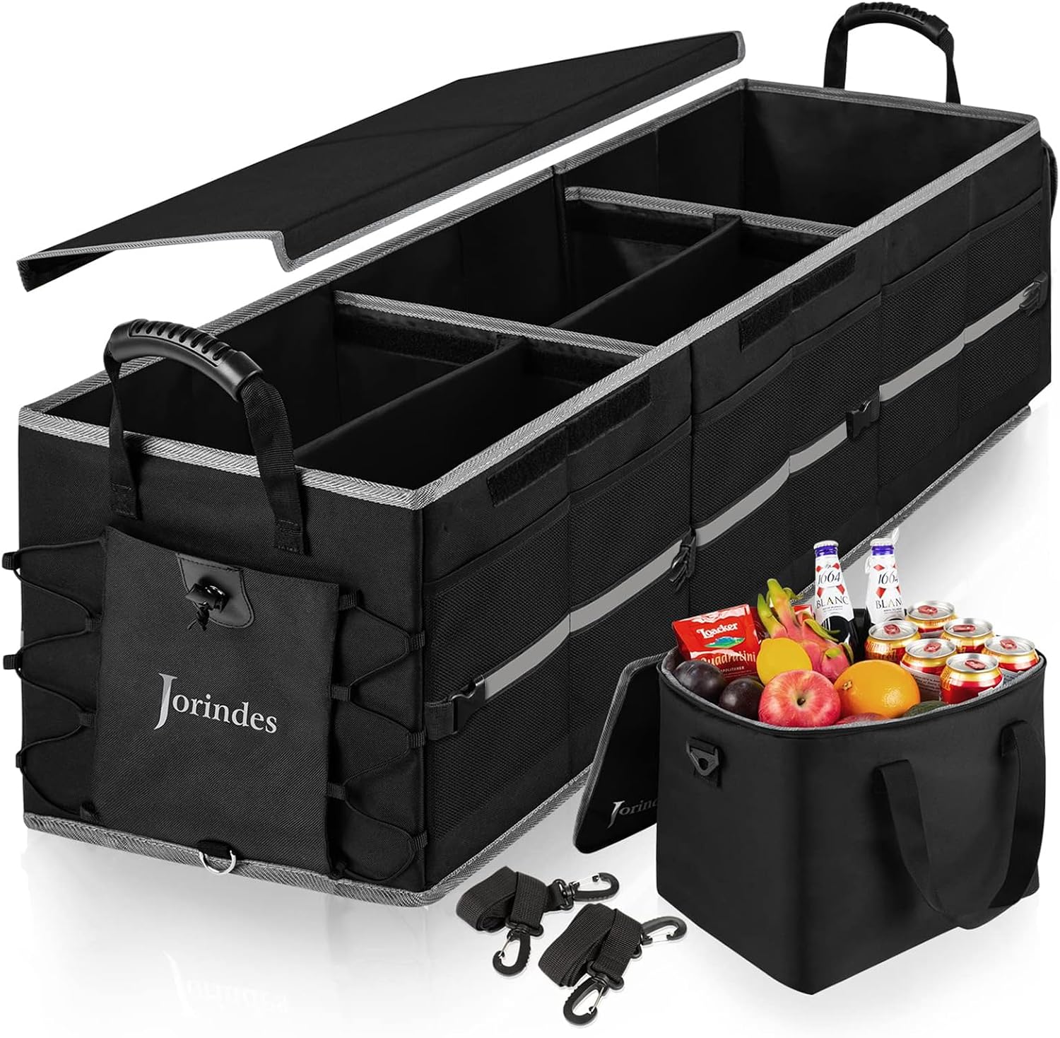 Collapsible Trunk Organizer and Storage for Car with Leak proof Cooler Bag | 3 Compartments Cargo Organizer for SUV Removable Dividers, 5 in1 Car Storage Organizer with Foldable Lid, 2 Tie-Down Straps