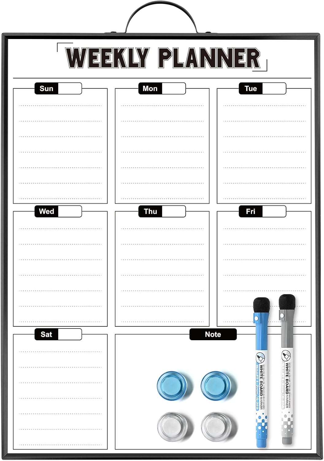 Weekly Calendar Dry Erase Board 16″x12″ with Handle | Aluminum Black Frame, Magnetic Weekly Planner Whiteboard, Portable Small Hanging Board for Wall, Door, 2 Markers & 4 Magnets