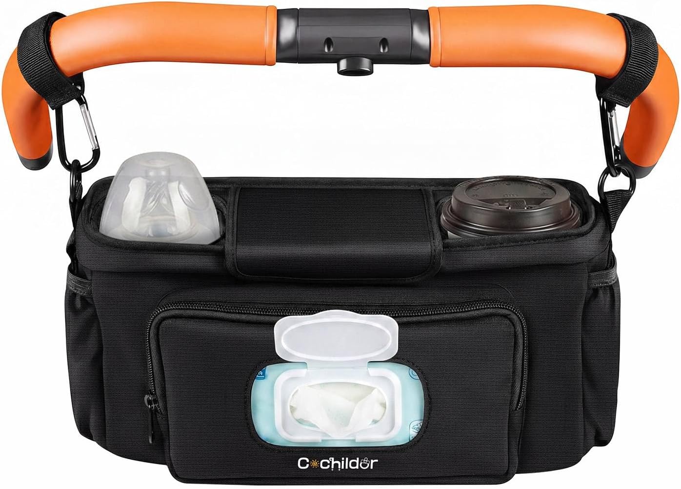 Universal Stroller Organizer Caddy with 2-in-1 Wipe Pocket | Wide Cup Holders, Elastic Side Pockets, Shoulder Strap & Secures to Full-size Strollers, Black