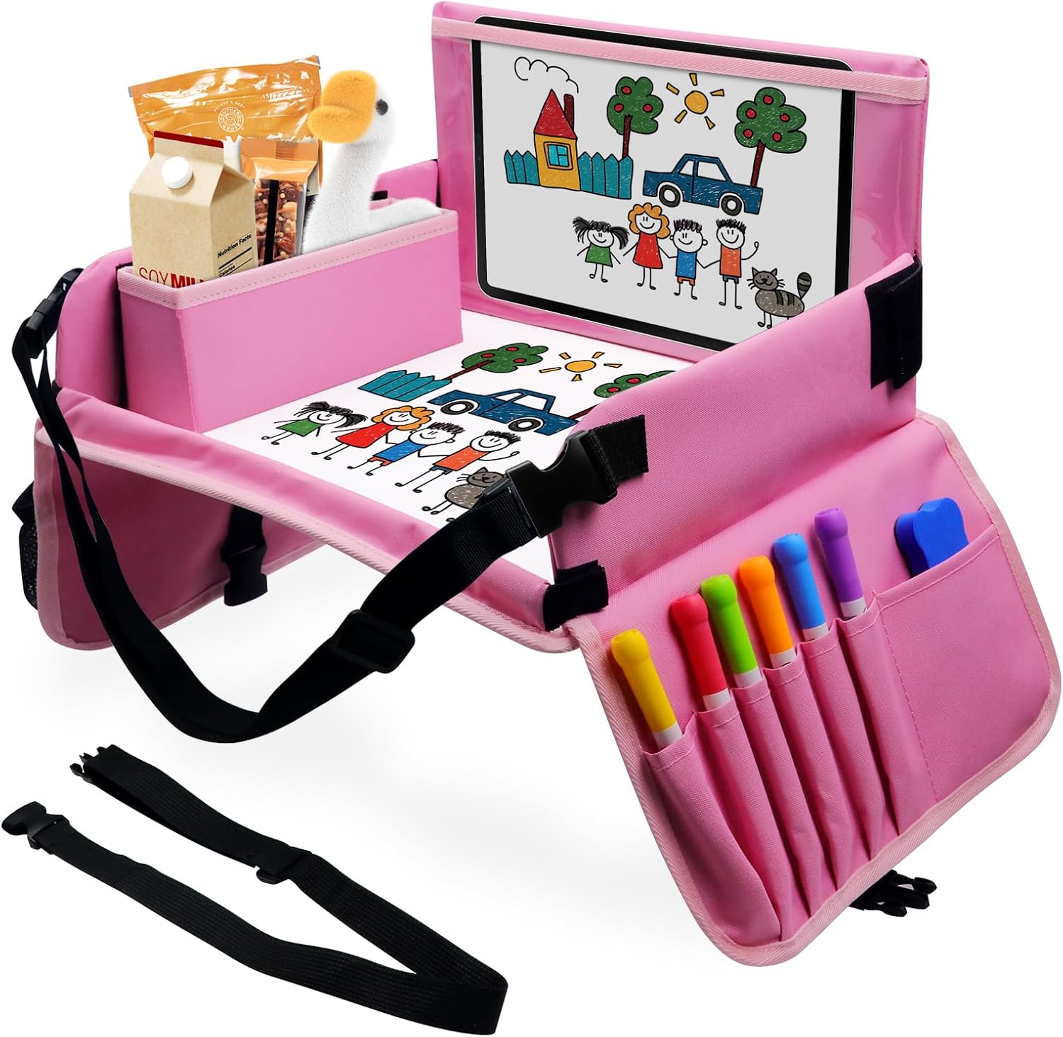 Car Seat Tray for Kids Travel, Carseat Tray for Toddler Road Trip Activities, Car Trays for Kids Road Trip Essentials, Travel Trays for Airplane, Toddler Car Seat Lap Table – Pink