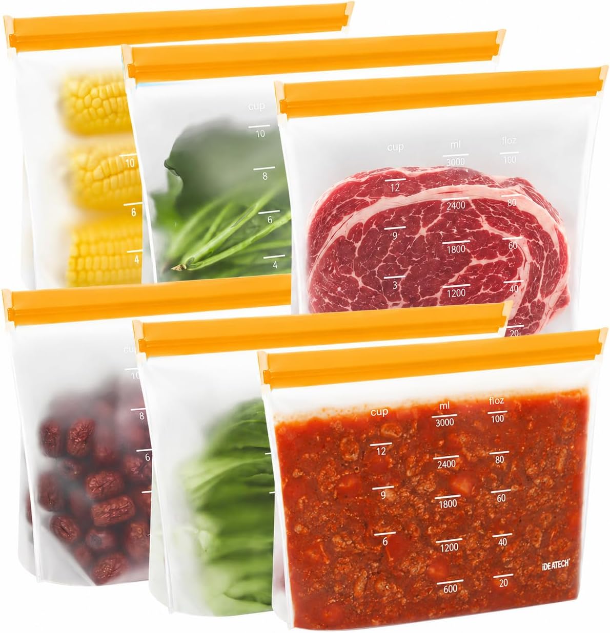 IDEATECH Reusable Gallon Freezer Bags, Reusable Food Storage Bags, 6Pack | Leakproof, Dishwasher Safe, BPA-Free Food Grade, Large Size with Measurement Marks for Meat, Marinades & Freezer Storage