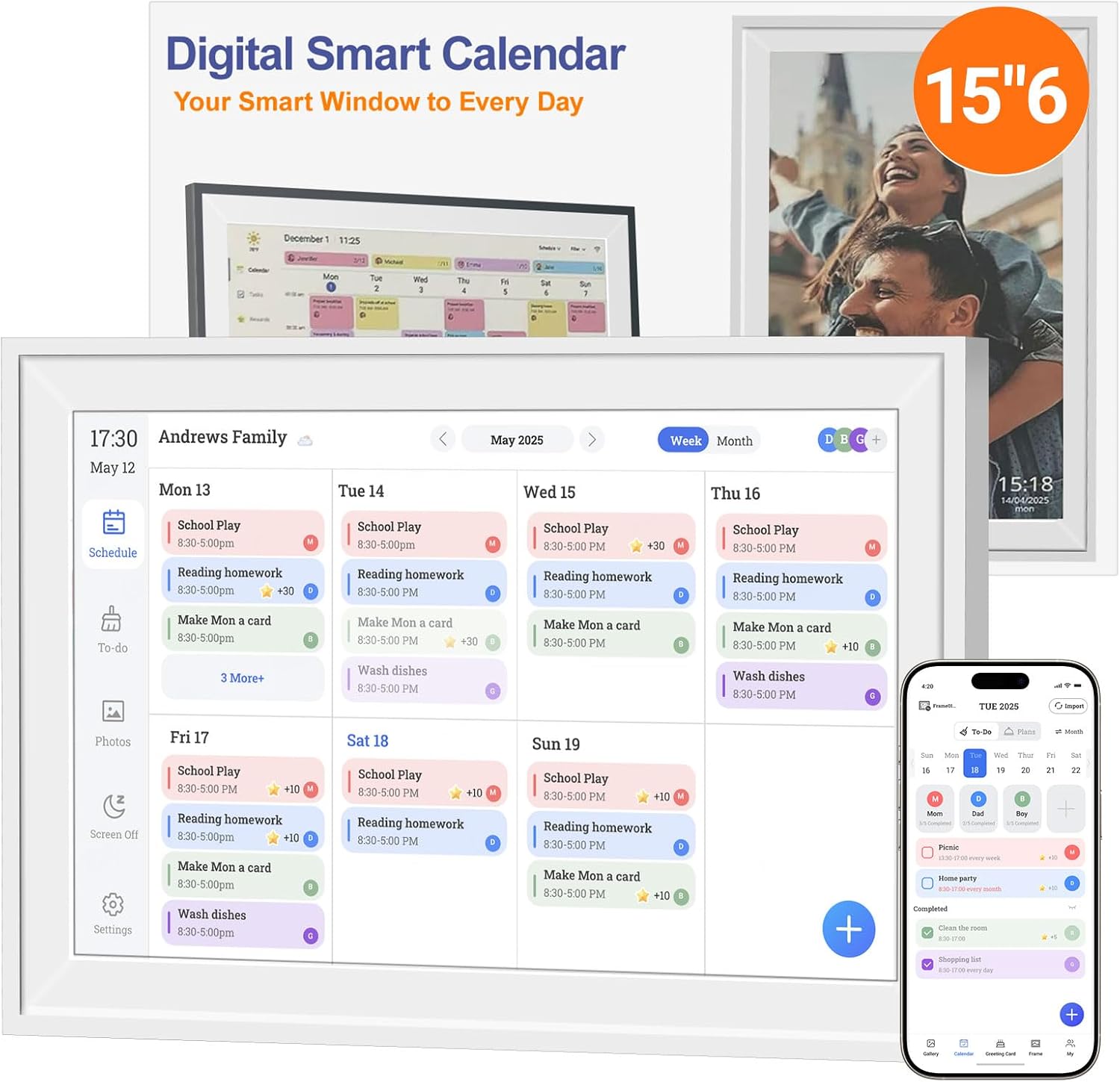 Digital Calendar Wall Touch Screen, 15.6″ Smart Electronic Family Interactive Display, No Subscription Electric Organizer & Planner for Schedules, Chore Chart, Picture Frame with Stand
