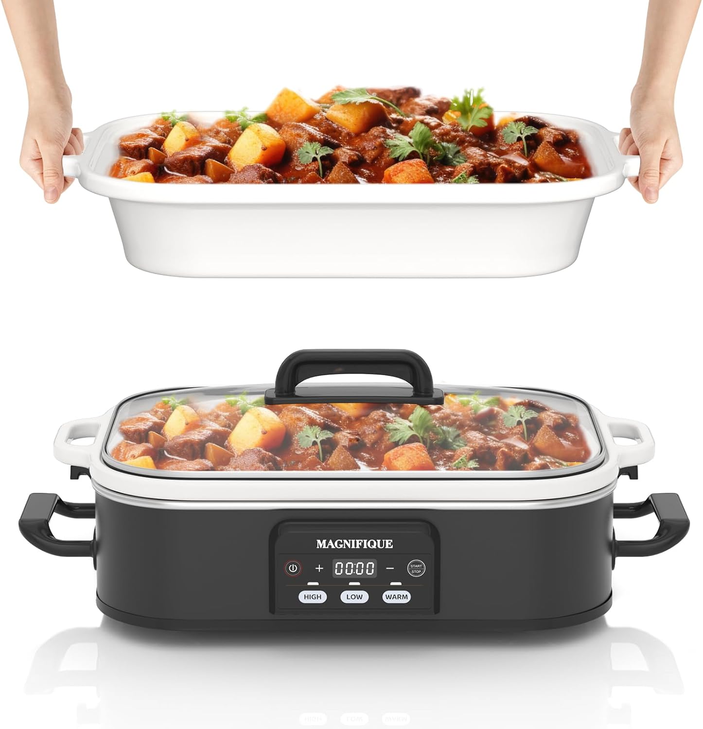 4 Quart Casserole Programmable Slow Cooker with Ceramic Baking Dish – Perfect Kitchen Small Appliance for Family Dinners, Oven Safe and Durable Bakeware for Lasagna, Roasts, Black