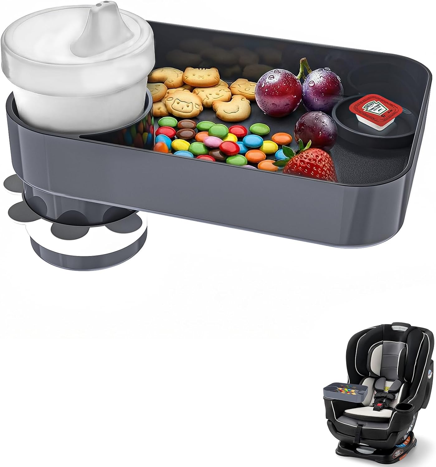 Kids Car Travel Tray Square for Car Snacks Tray, Car Seat Tray with Cup Holders for Stroller Snack Tray Travel Must Haves (Dark Gray)