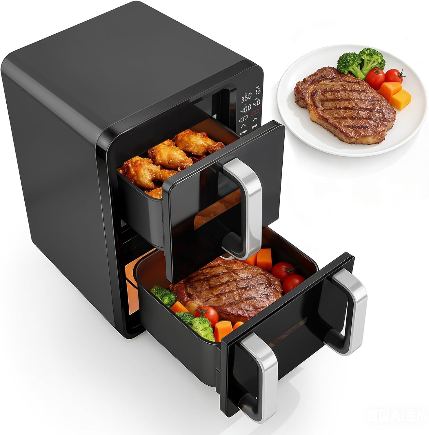 12QT Double Air Fryer with 2 Stacked Racks, Dual Basket Air Fryers | Feeds Up to 10 People, 8-in-1 Presets with Digital Touchscreen to Free DIY, Compact Design, Easy to Clean, Black