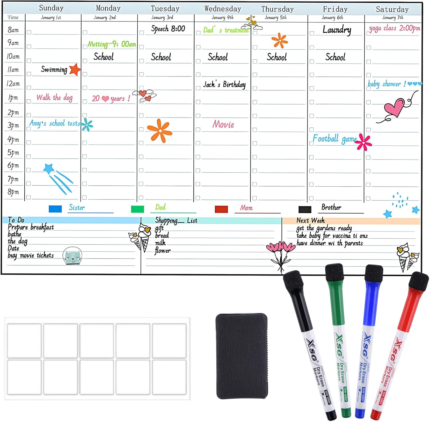POPRUN Dry Erase Weekly Calendar Whiteboard, Magnetic Hourly Schedule Board | 16.9 x 11″ Weekly Planner for Fridge, Time Slots, Family Daily Planning for Refrigerator, Homeschool, Work