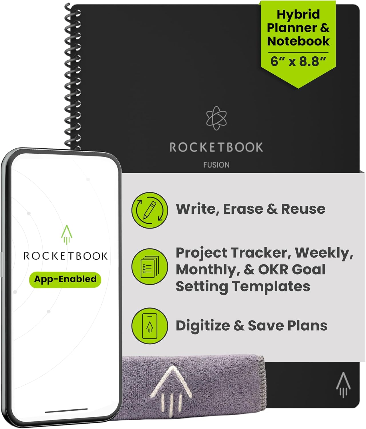 Rocketbook Fusion Hybrid Reusable Planner Notebook, Executive 6×8.8, Black | Goal Tracking, Project Planning & Note-Taking in One Notebook