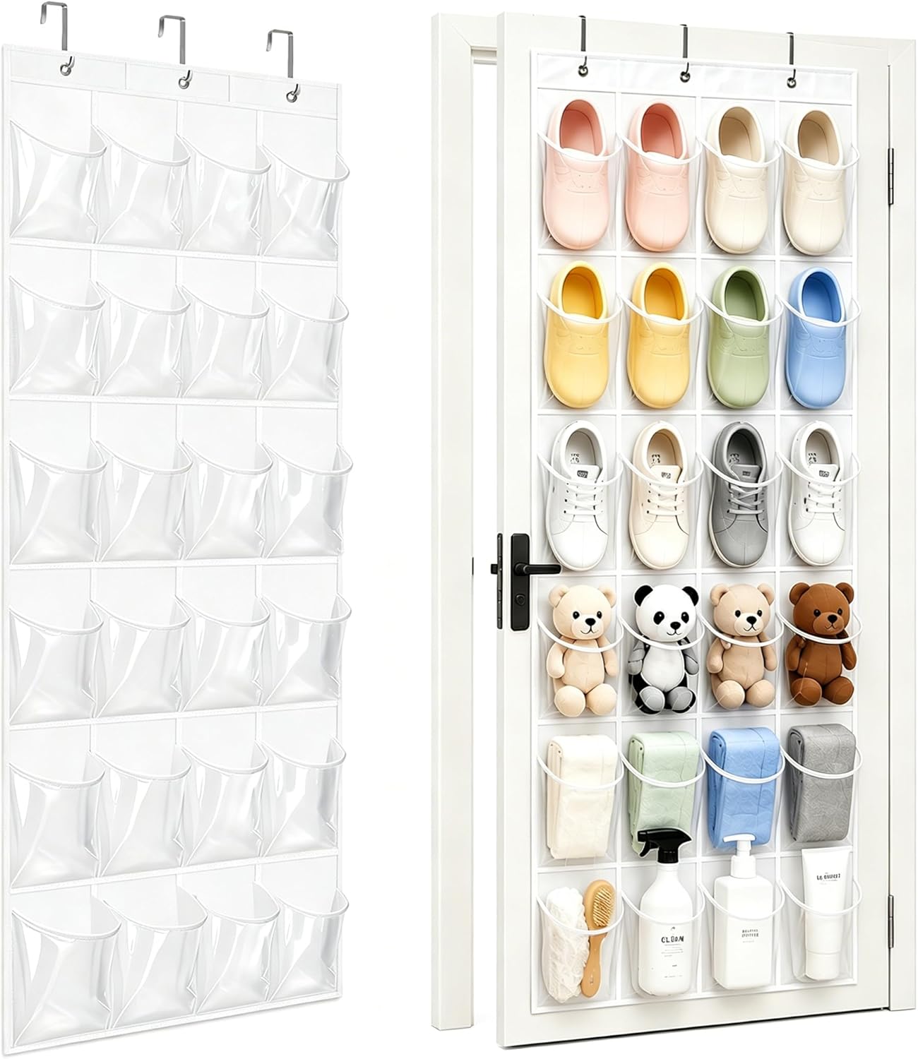 Over the Door Shoe Organizer with 24 Crystal Clear Pockets and Metal Hooks – Heavy Duty Hanging Shoe Storage Rack for Closet, Bathroom, Dorm – Space Saving for Shoes, Accessories, Toys (White)