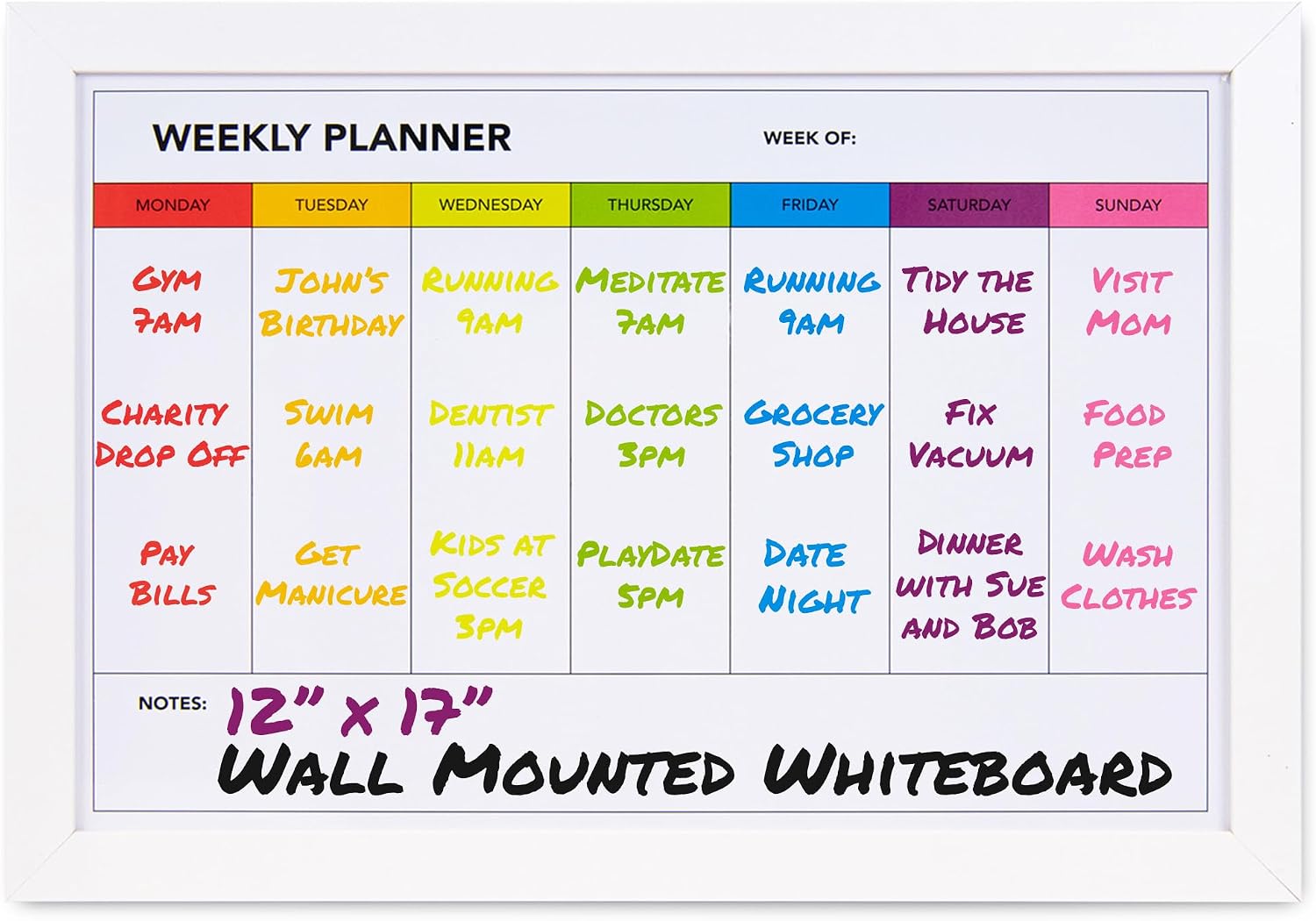Weekly Dry Erase Board for Wall [17in x 12in] Weekly Whiteboard Planner and Magnetic Calendar – Days of The Week White Board for Schedule, Daily Meal Planner – Includes Full Mounting Kit
