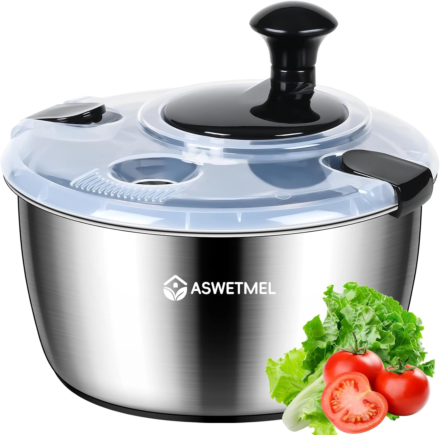 5.3QT Large Stainless Steel Salad Spinner, ASWETMEL Metal Salad Spinner with Locking Lid & Non-Slip Base, Lettuce Spinner for Washing and Drying Fruits Vegetables, Salad Dryer Spinner for Kitchen