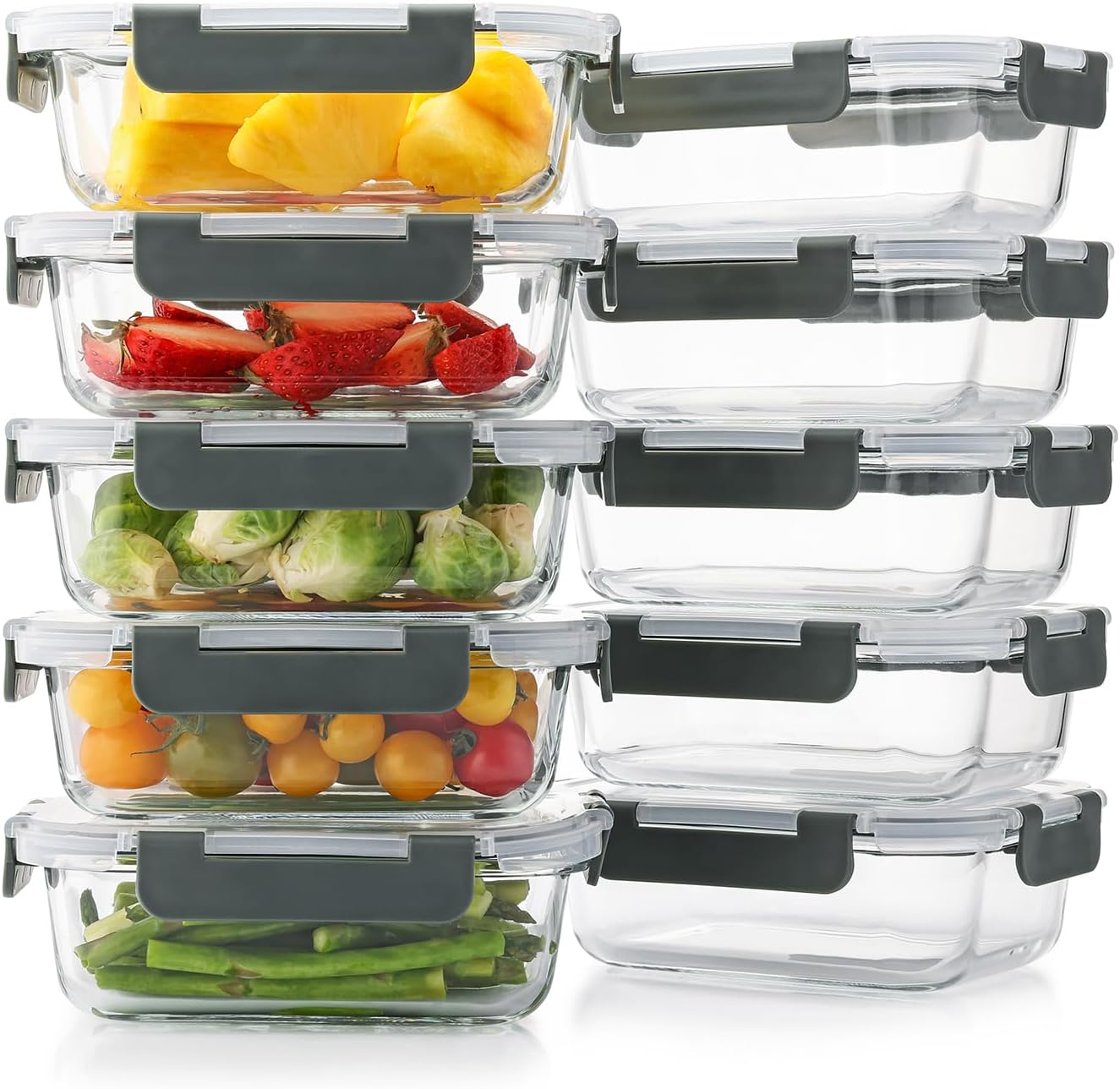 Cuiselect 10 Pack 22 Oz Glass Meal Prep Containers with Lids, Reusable Glass Food Storage Containers with Lids, Microwave, Oven, Freezer and Dishwasher Safe (Gray)