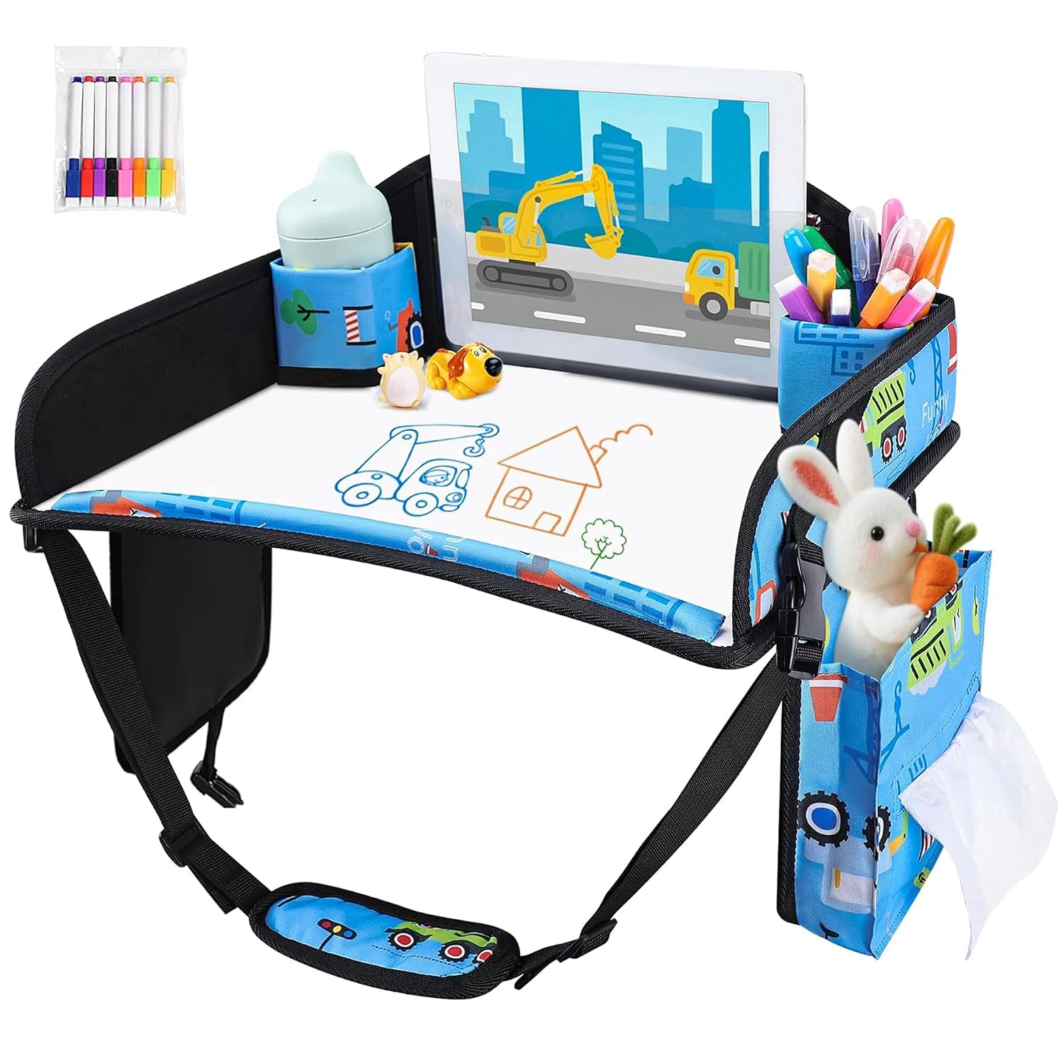 Toddler Car Seat Travel Tray FOR Road Trip Activities, 1 Light Blue | 17″ x 13.5″ Smooth Dry Erase Board, Storage Pouches, Cup holders, Ddjustable Shoulder Carry Strap