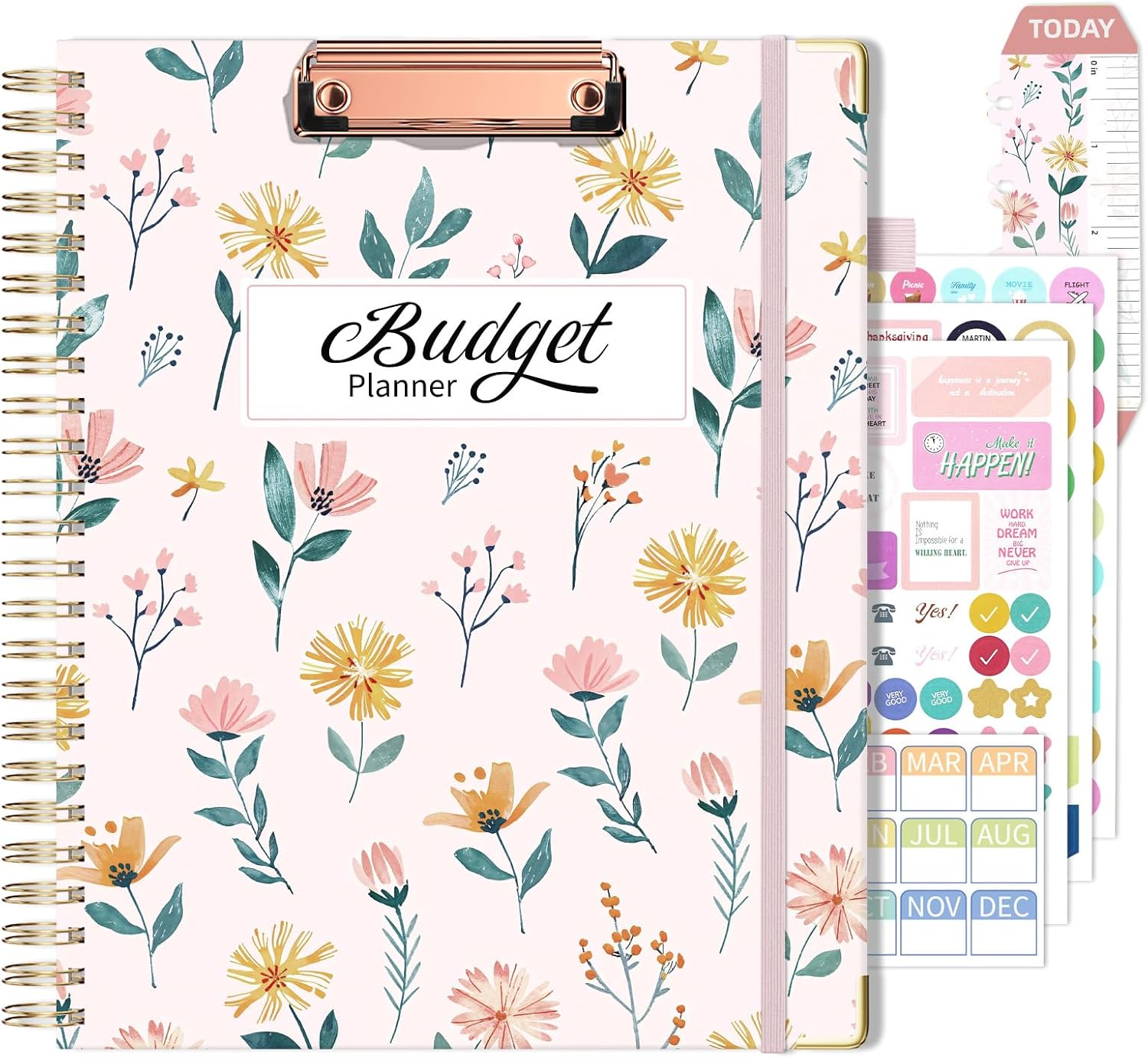 Ospelelf Budget Book Planner 8.5″x11″ Large Size Undated Monthly Bill Payment Tracker Organizer Account Financial Planners with Clipboard Pockets Stickers 12 Months Productivity Aesthetic Pink Flowers