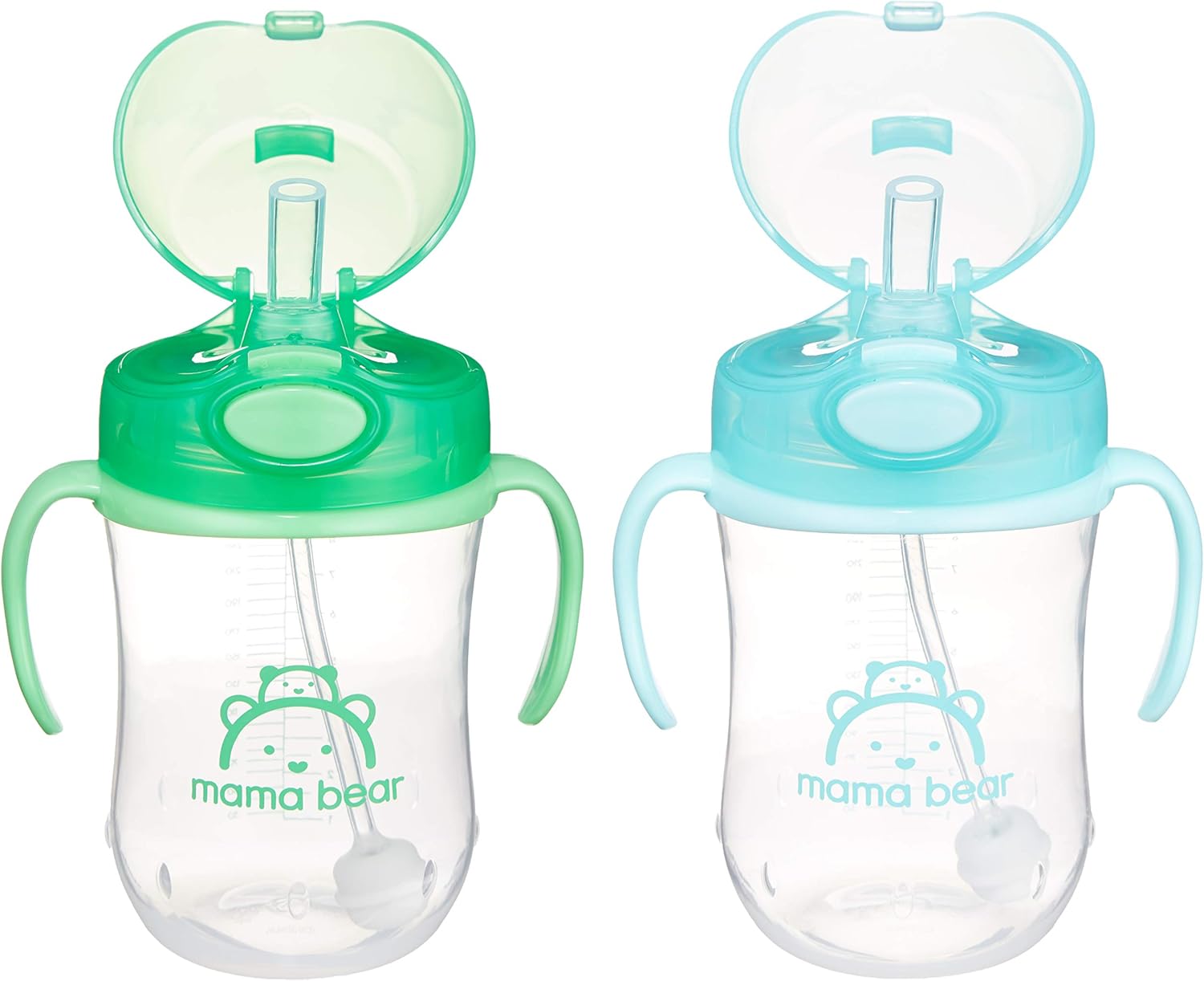 Amazon Basics Spill Proof Dishwasher Safe Silicone Weighted Straw Sippy Cup with Removable Handles, BPA Free, 9 Ounces, Blue/Green, Pack of 2 (Previously Mama Bear)