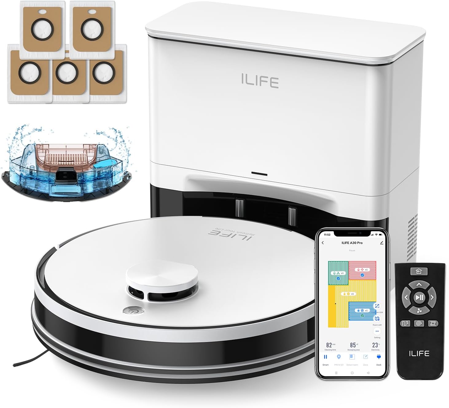 ILIFE A30 Pro Robot Vacuum and Mop,10000Pa Max Suction | 60 Days Self Emptying, LiDAR Navigation, 150 Min Max, App, Remote & Voice Control, Ideal for Hard Floors, Carpet & Pet Hair