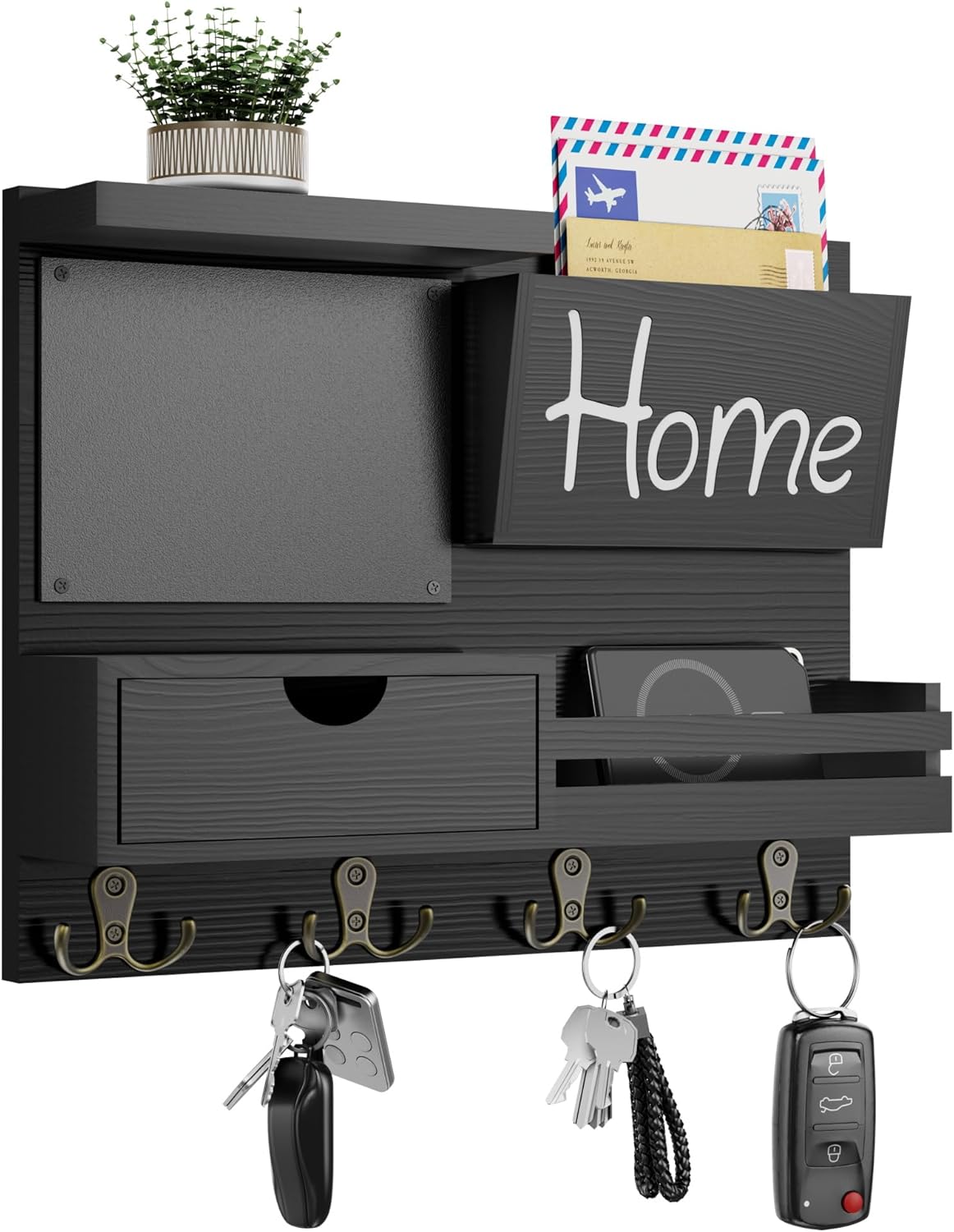 Dvobez Black Farmhouse Key Holder for Wall with Mail Organizer, 6-in-1 Entryway Organizer with Chalkboard, Drawer, Phone Wallet Holder, Top Shelf and 4 Double Hooks