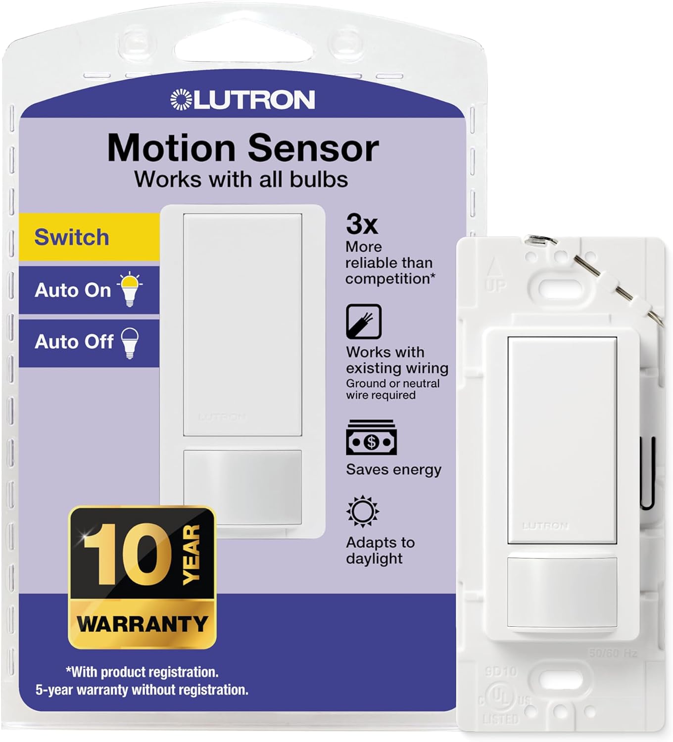 Lutron Motion Sensor Light Switch, 2 Amp Single Pole, for Any Bulb | Auto On/Auto Off sensor for bathroom, garage, laundry room, delay off timer, Title 24 compliant, MS-OPS2-WH, White
