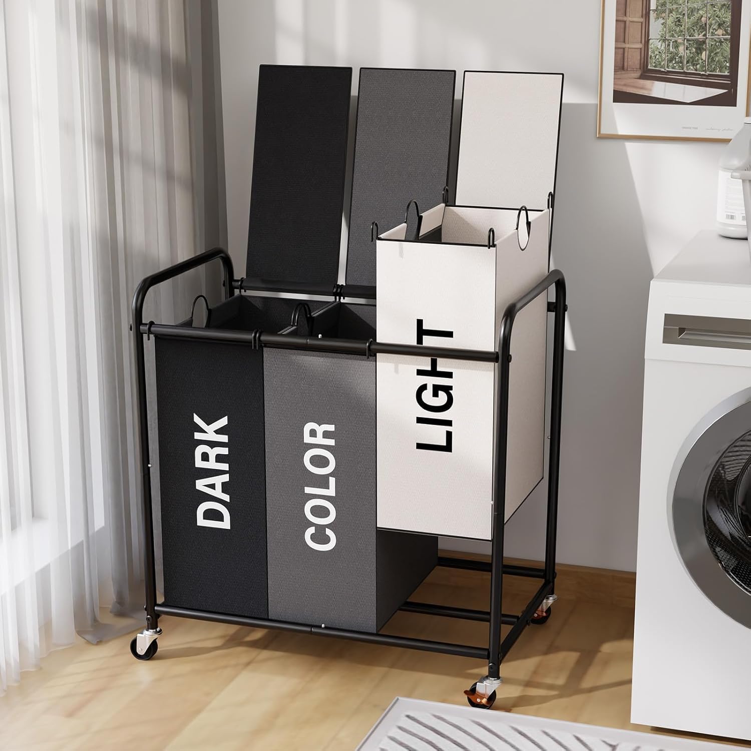 180L Laundry Sorter 3 Section with Lockable Wheels and Lid Multicolor