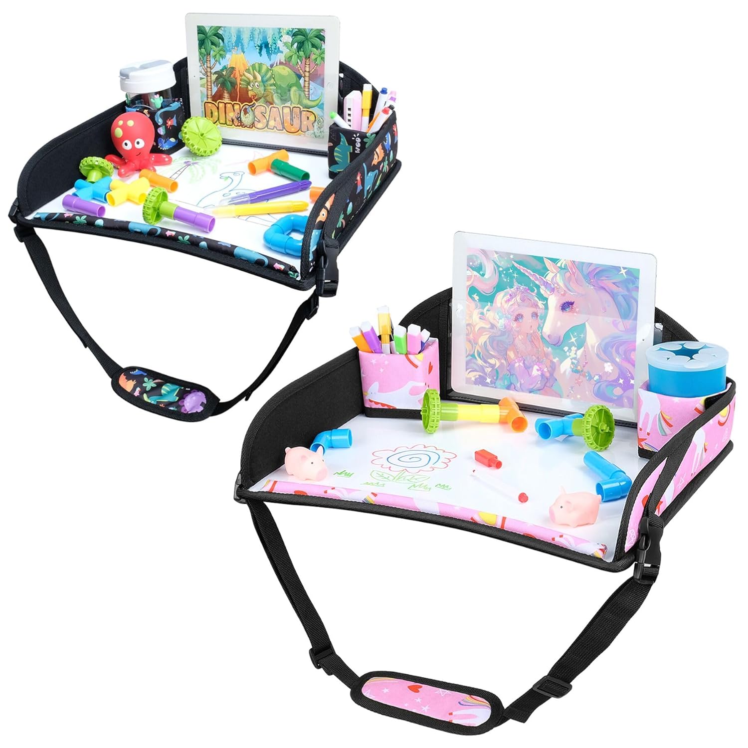 COOLBEBE Kids Travel Tray for Toddler Car Seat, 2PCS Travel Tray for Airplane, Lap Tray, Carseat Table Tray for Kids Travel Activities, Dinosaur & Pink Unicorn